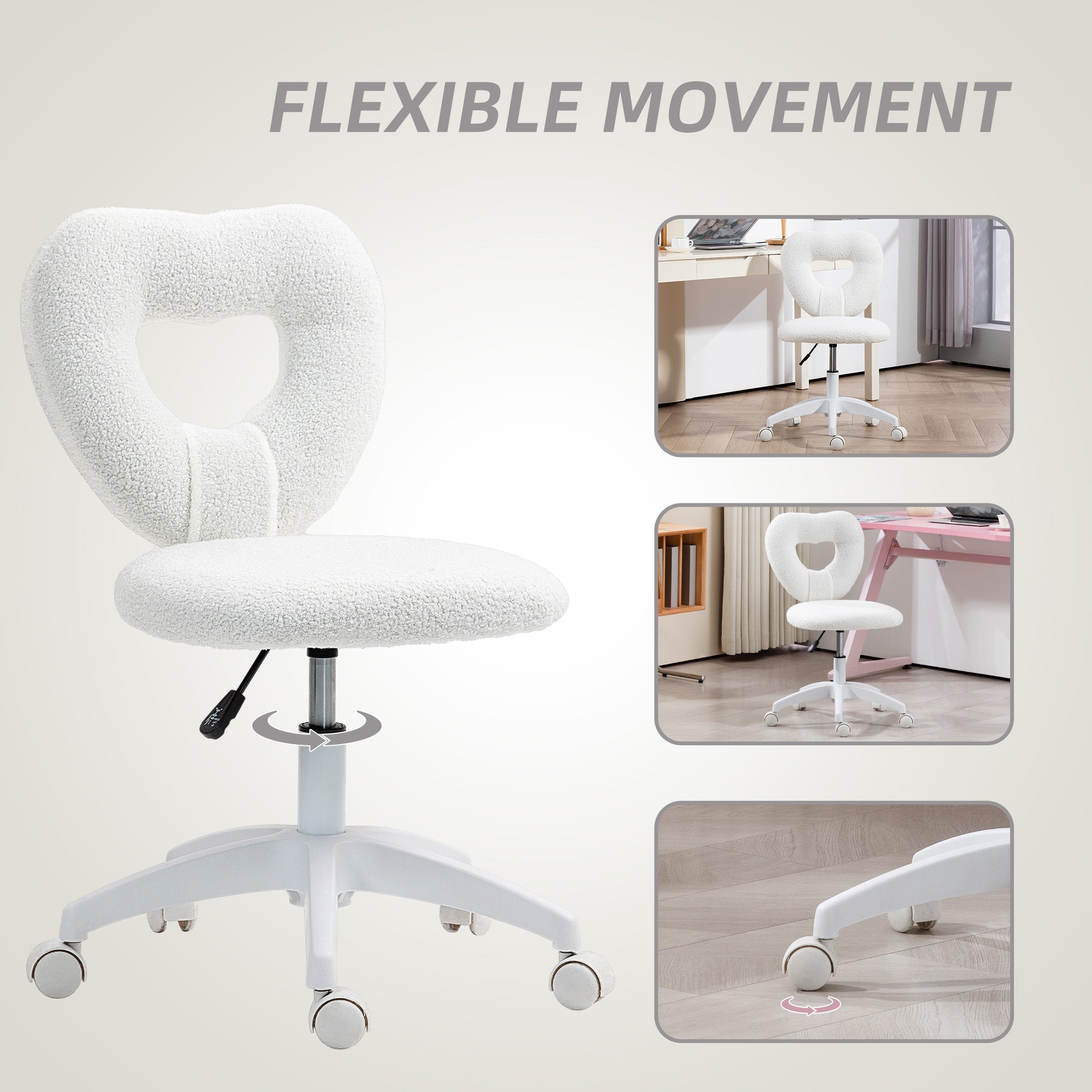 HOMCOM Armless Heart Computer Desk Chair, Teddy Fleece Swivel Office Chair, Makeup Vanity Chair with Height Adjustable, Wheels, for Home Study Bedroom, White - anydaydirect
