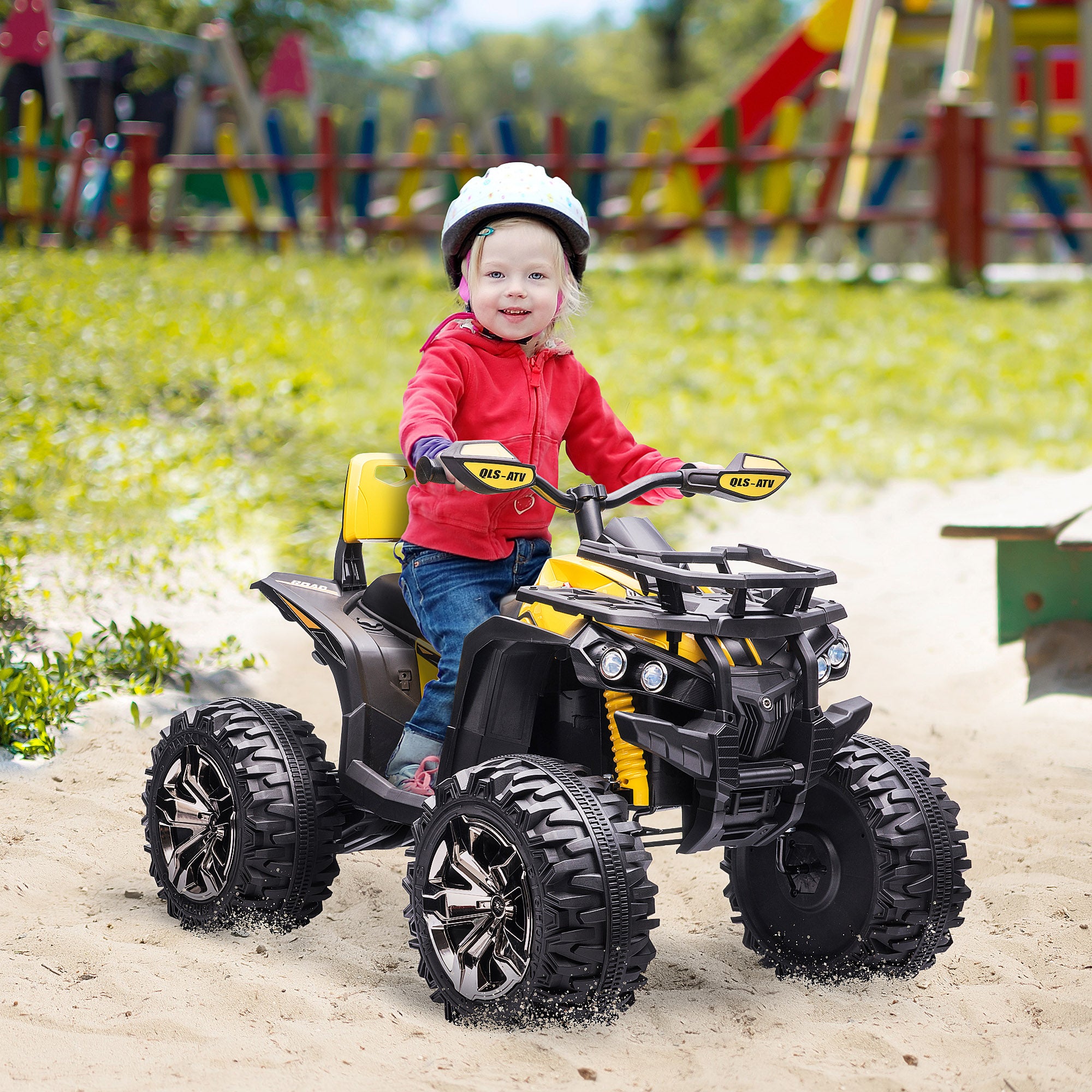 HOMCOM 12V Quad Bike ATV with LED Lights, Music, Backrest, Forward, Backward, Yellow - anydaydirect