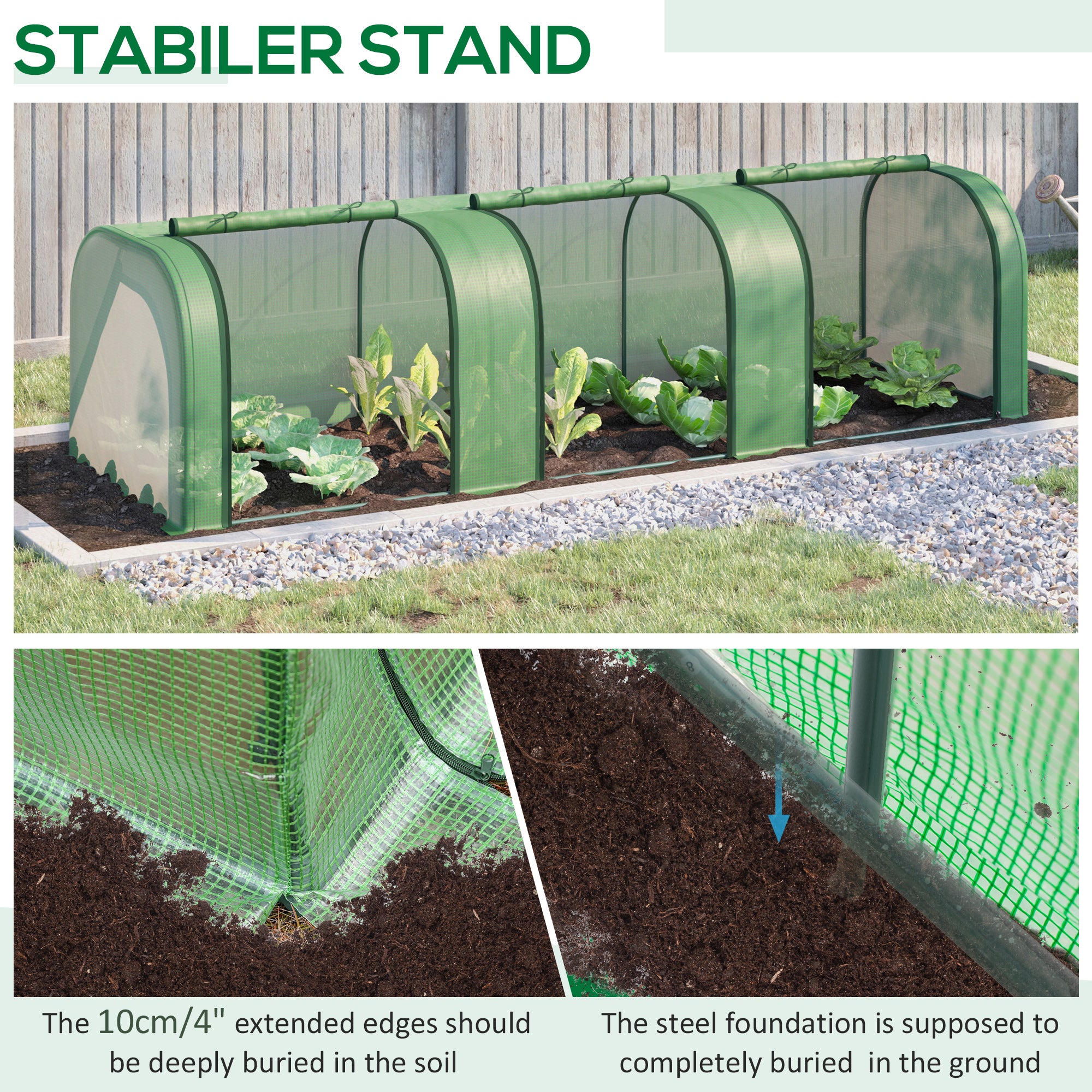 Outsunny Medium Greenhouse, Small Polytunnel Green House with Zipped Doors, Steel Frame for Garden Backyard, 295 x 100 x 80cm, Green - anydaydirect