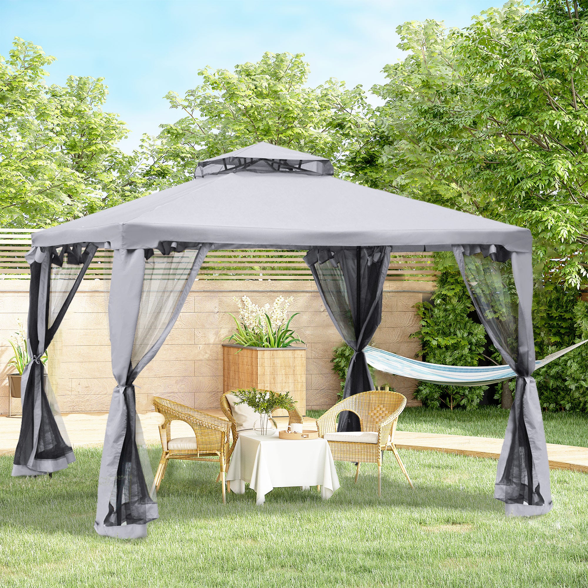 Outsunny 3 x 3 m Metal Gazebo, Garden Pavillion, Double Roof Outdoor Canopy Shelter with Mesh Sidewalls, Grey - anydaydirect