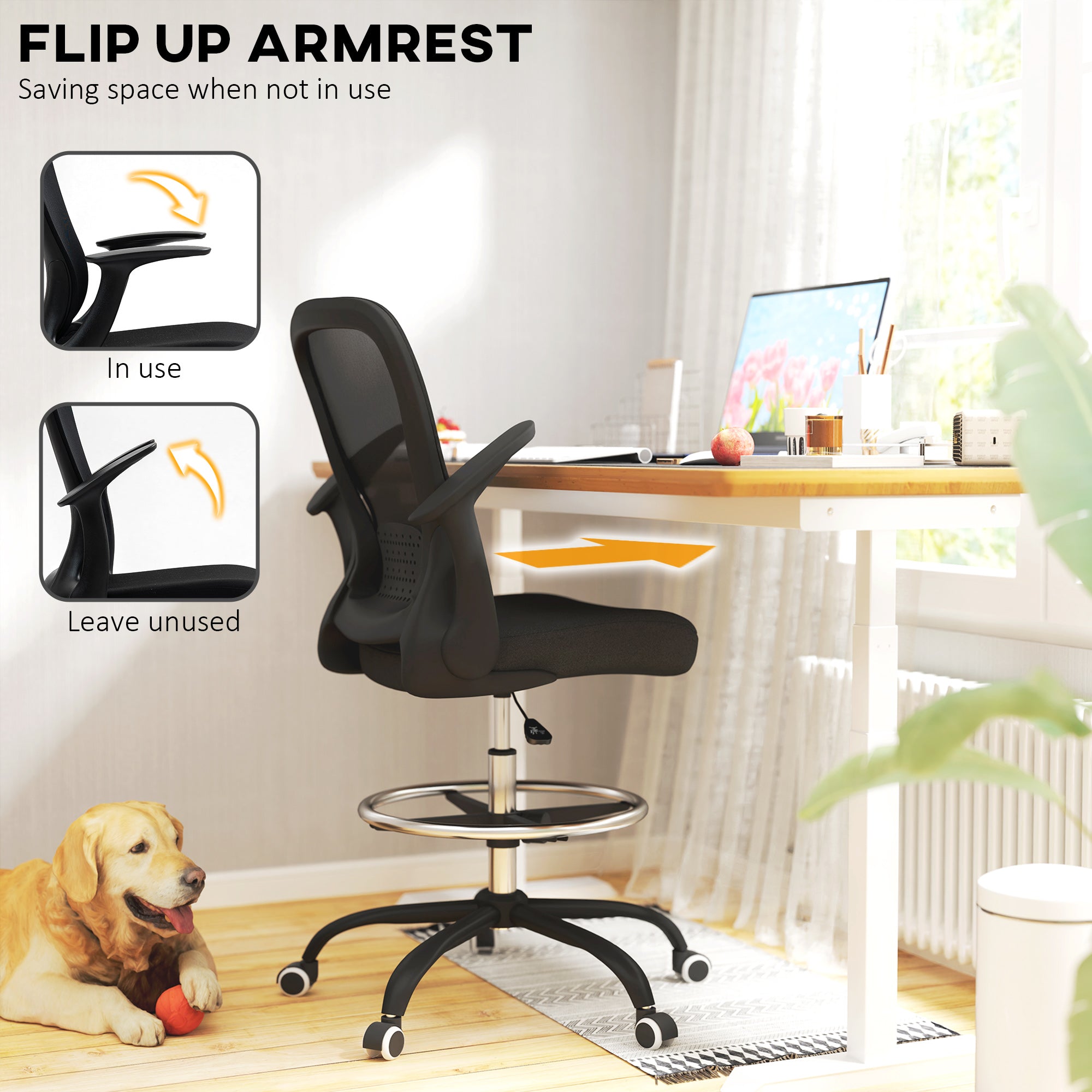 HOMCOM Draughtsman Chair, Mesh Drafting Chair, Ergonomic Office Chair with Flip-up Armrest, Adjustable Foot Ring, Black - anydaydirect