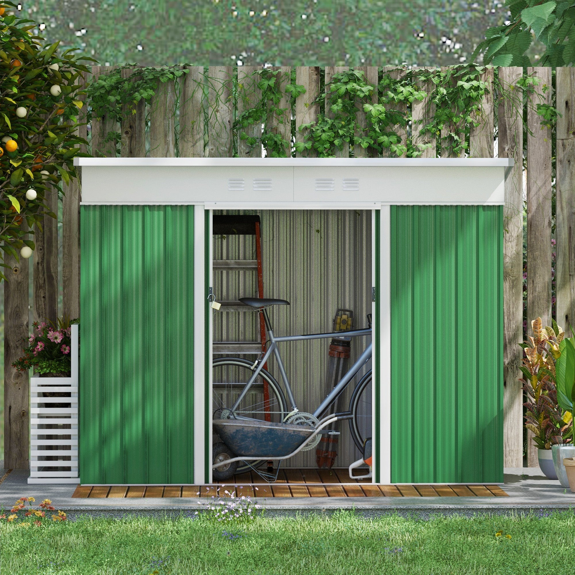 Outsunny 7.6 x 4.3ft Garden Storage Shed w/ Sliding Door Ventilation Window Sloped Roof Gardening Tool Storage Green - anydaydirect