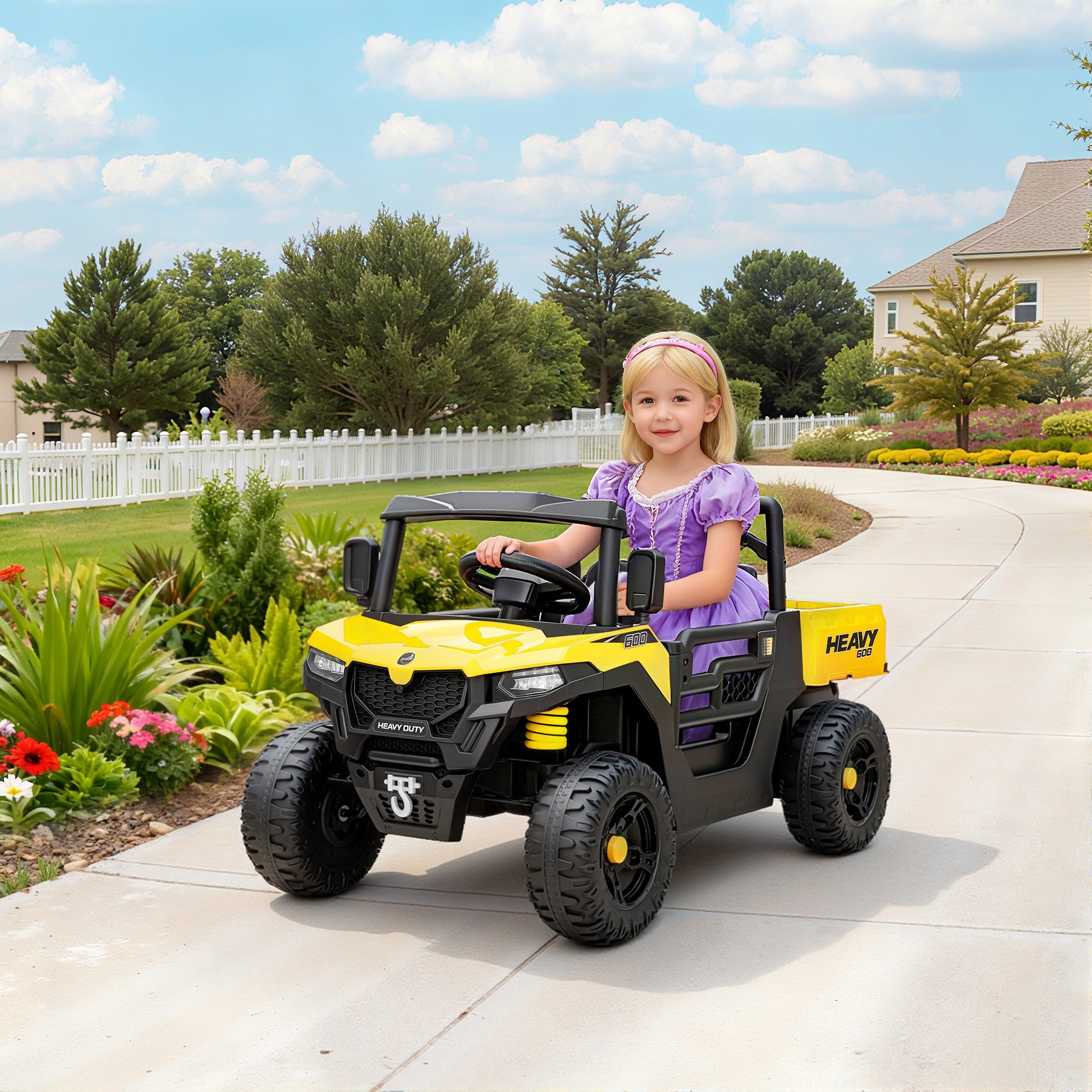 AIYAPLAY Kids Ride on Car, 12V Electric Kids UTV with Electric Dump Bed, 4-Wheel Suspension for 3-8 Years, Yellow - anydaydirect