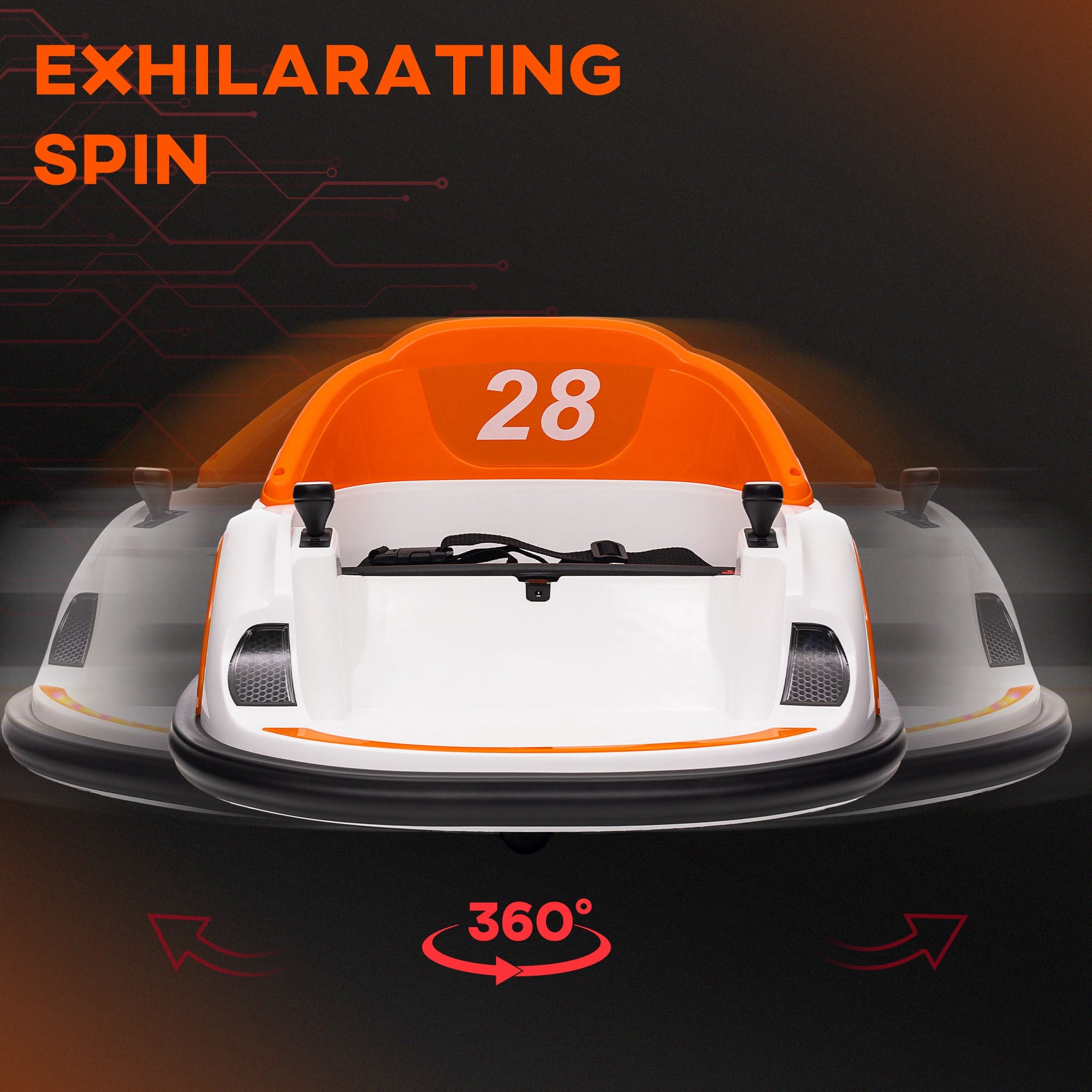 AIYAPLAY 360° Rotation Kids Bumper Car, 12V Waltzer Car with Remote Control, Dual Joysticks, Music Lights - Orange - anydaydirect