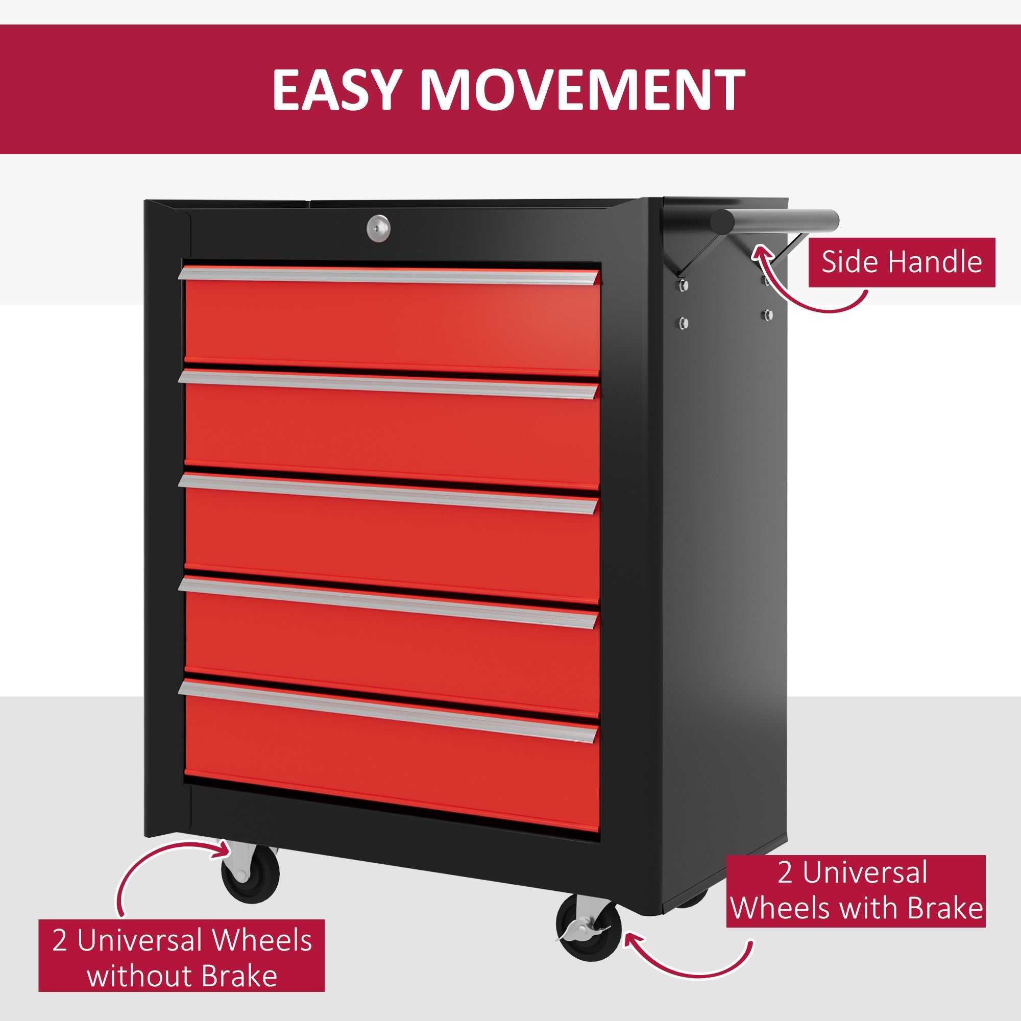 HOMCOM 5-Drawer Tool Chest with Wheels, Steel Lockable Tool Storage Cabinet with Handle, 2 Keys for Garage, Workshop, Red - anydaydirect