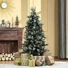 HOMCOM 5FT Artificial Snow Dipped Christmas Tree Xmas Pencil Tree Holiday Home Party Decoration w/ Foldable Feet Berries Pinecones, Green - anydaydirect
