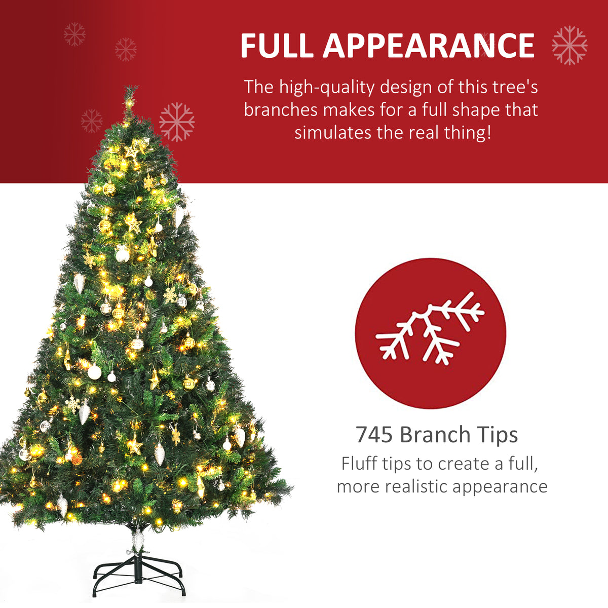 HOMCOM 1.8m 6ft Pre Lit Christmas Tree 200 LED Xmas Tree Holiday Décor with Decorative Balls Ornament Metal Stand - anydaydirect