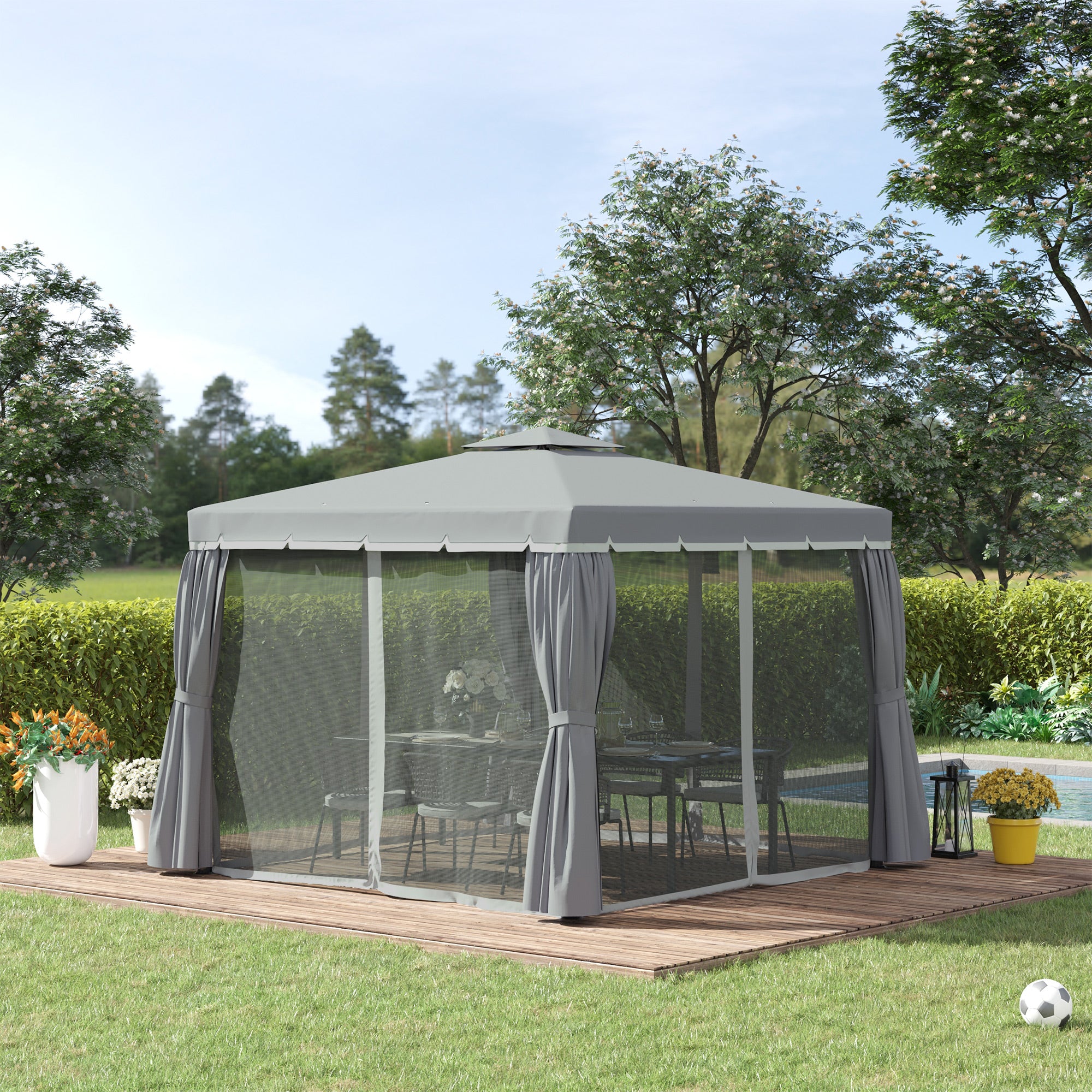 Outsunny 3 x 3(m) Patio Gazebo Canopy Garden Pavilion Tent Shelter Marquee with 2 Tier Water Repellent Roof, Mosquito Netting and Curtains, Aluminium Frame, Dark Grey - anydaydirect