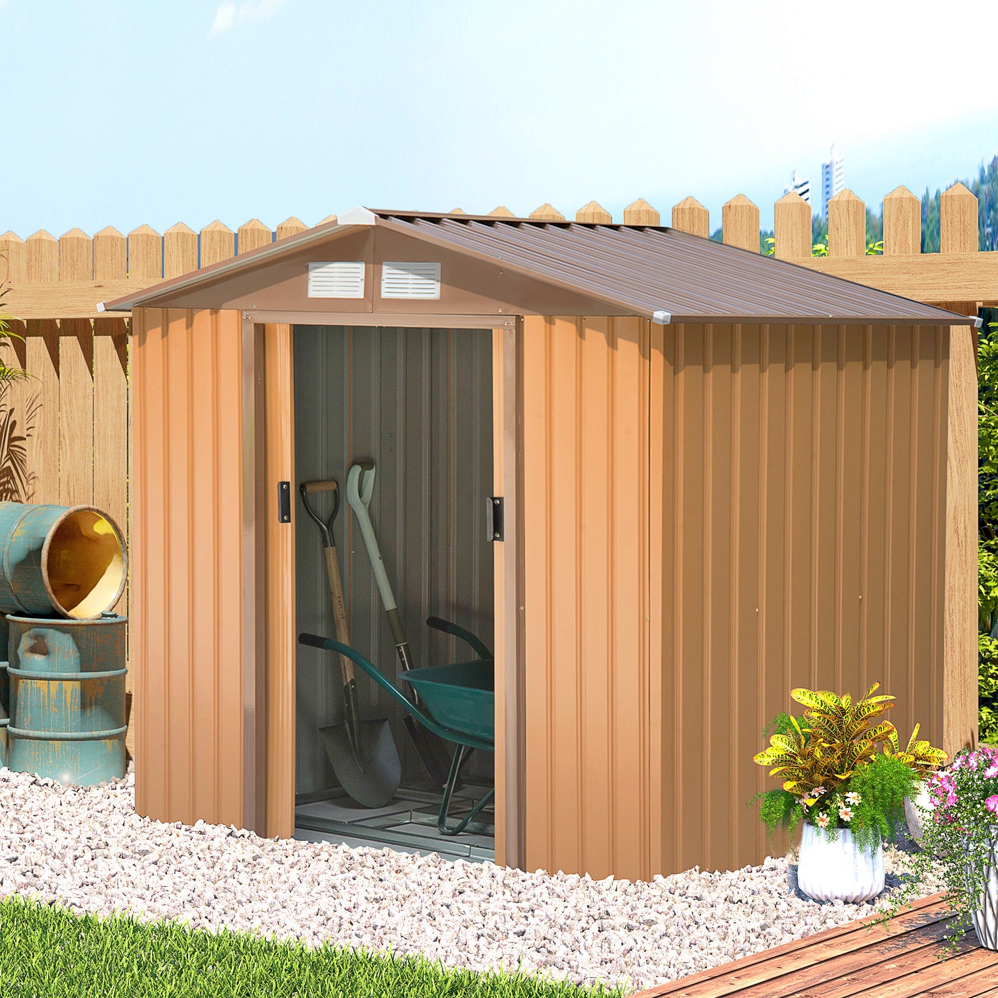 Outsunny 7 x 4 ft Lockable Garden Shed Large Patio Roofed Tool Metal Storage Building Foundation Sheds Box Outdoor Furniture, Yellow - anydaydirect