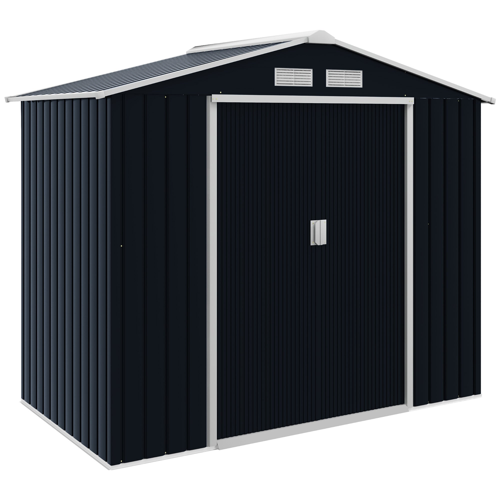 Outsunny Lockable Garden Shed Large Patio Roofed Tool Metal Storage Building Foundation Sheds Box Outdoor Furniture, 7ft x 4ft, Dark Grey - anydaydirect