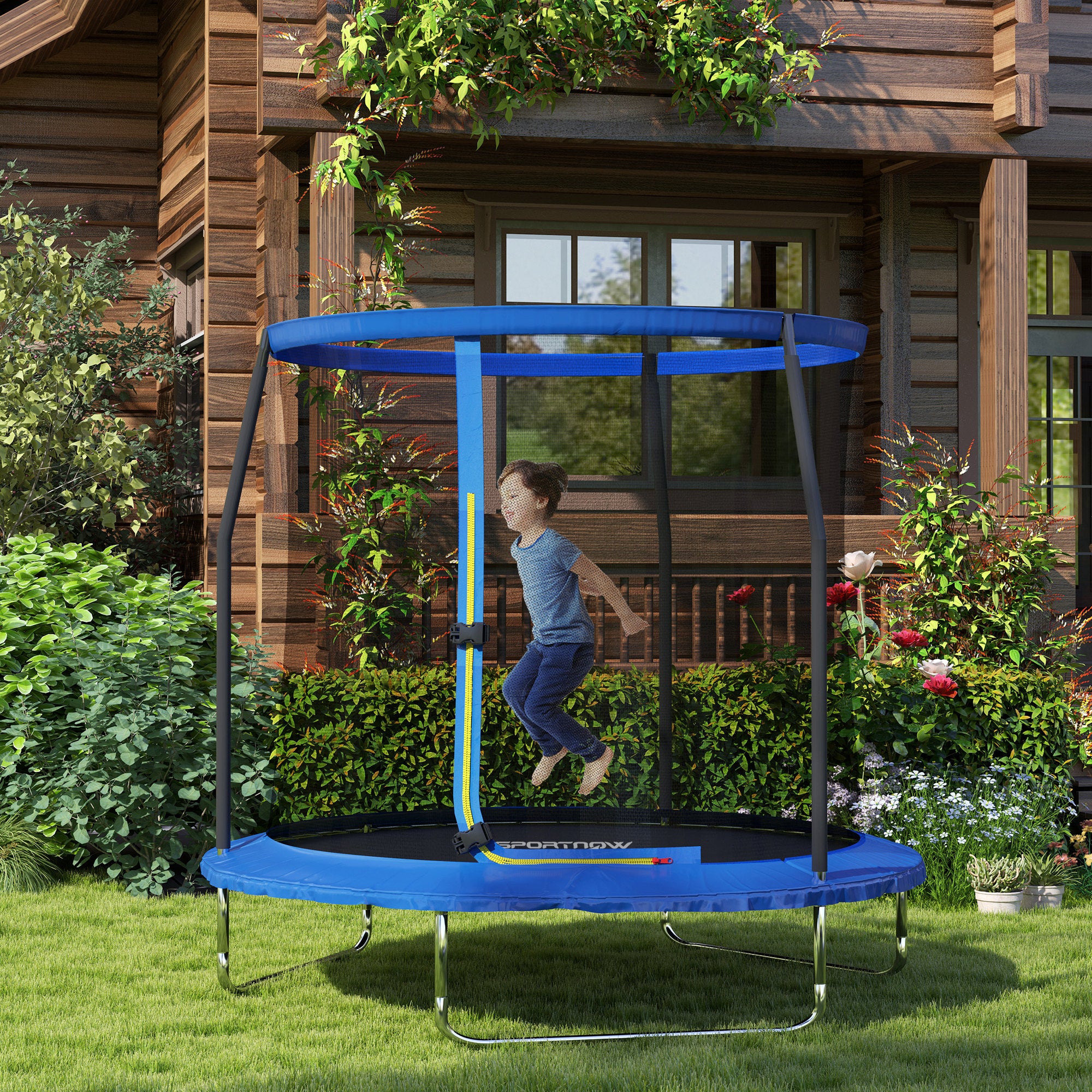SPORTNOW 8ft Trampoline with Safety Enclosure Net, Steel Frame Outdoor Trampoline, with Edge, Safety Cover - anydaydirect