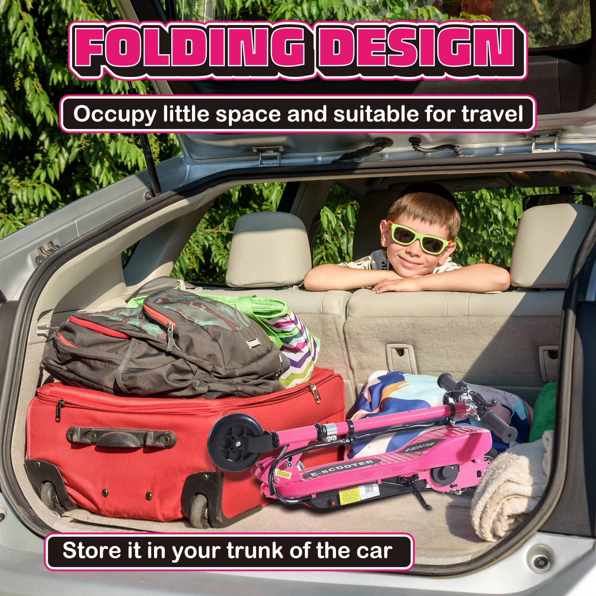 HOMCOM Folding Electric Kids Scooter Ride on Age 7-14, Pink - anydaydirect
