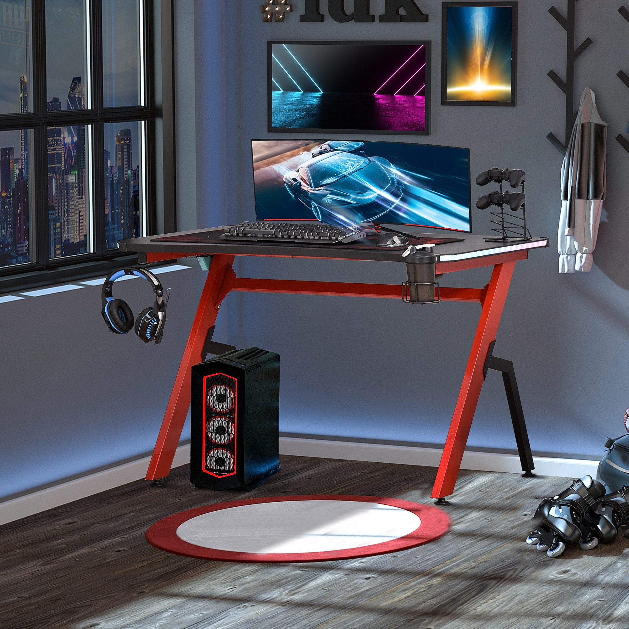 HOMCOM RGB 120 x 66cm Gaming Desk, Computer Table with Carbon Fibre Surface, Headphone Hook, Cup Holder, Controller Rack, Home Office Desk, Black and Red - anydaydirect