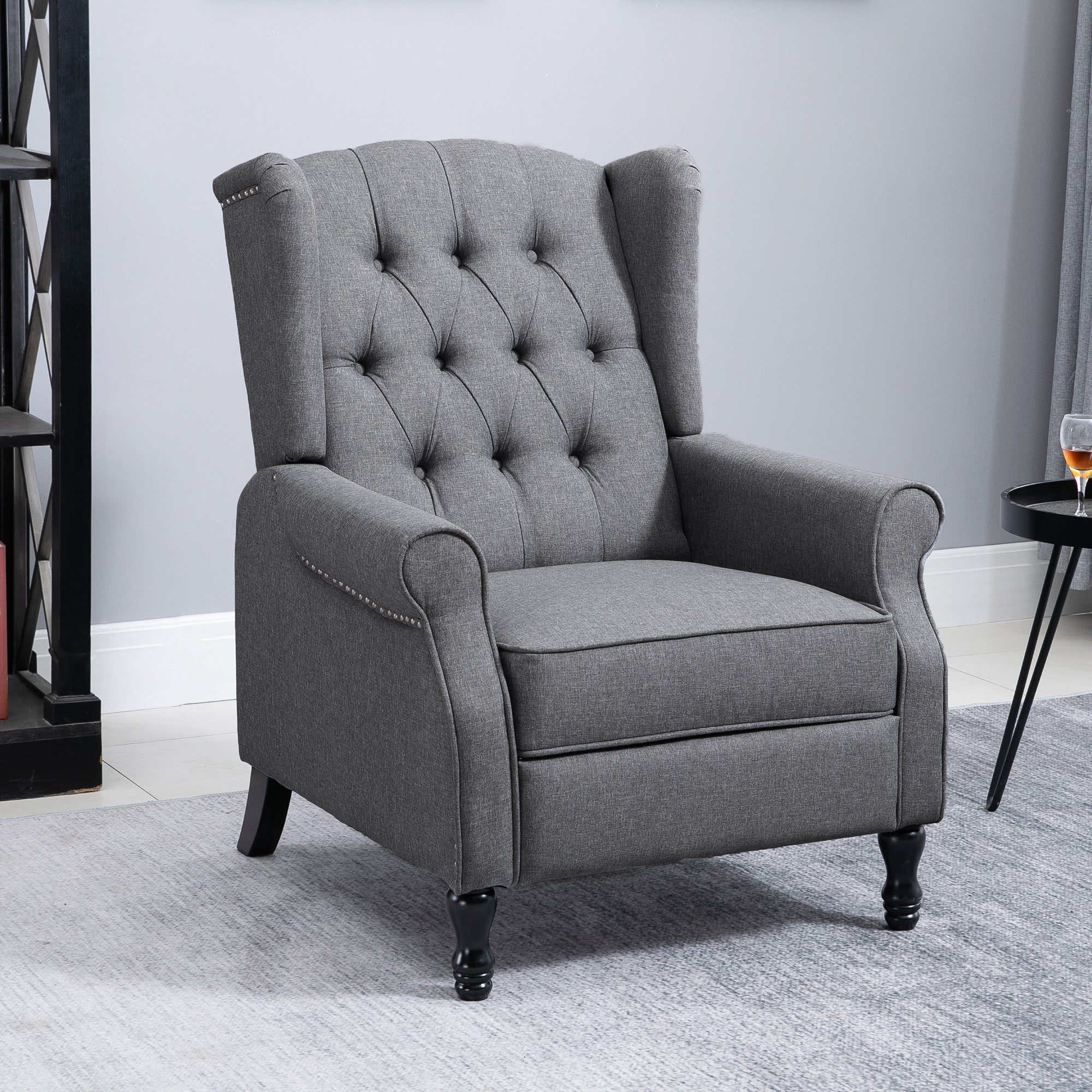 HOMCOM Recliner Armchair, Vintage Reclining Chair with Nail Head Trim, Wingback Chair with Button Tufted Back and Footrest, for Living Room, Grey - anydaydirect