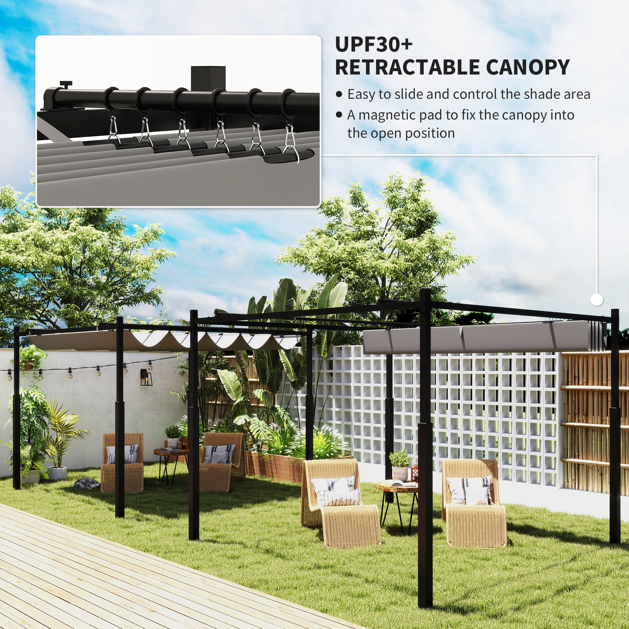 Outsunny 3 x 3(m) Garden Pergola with Retractable Roof and Magnetic Fixture, Outdoor Gazebo Pergola Kit Sun Shade Canopy, UPF30+, 80mm Metal Column, Grey - anydaydirect