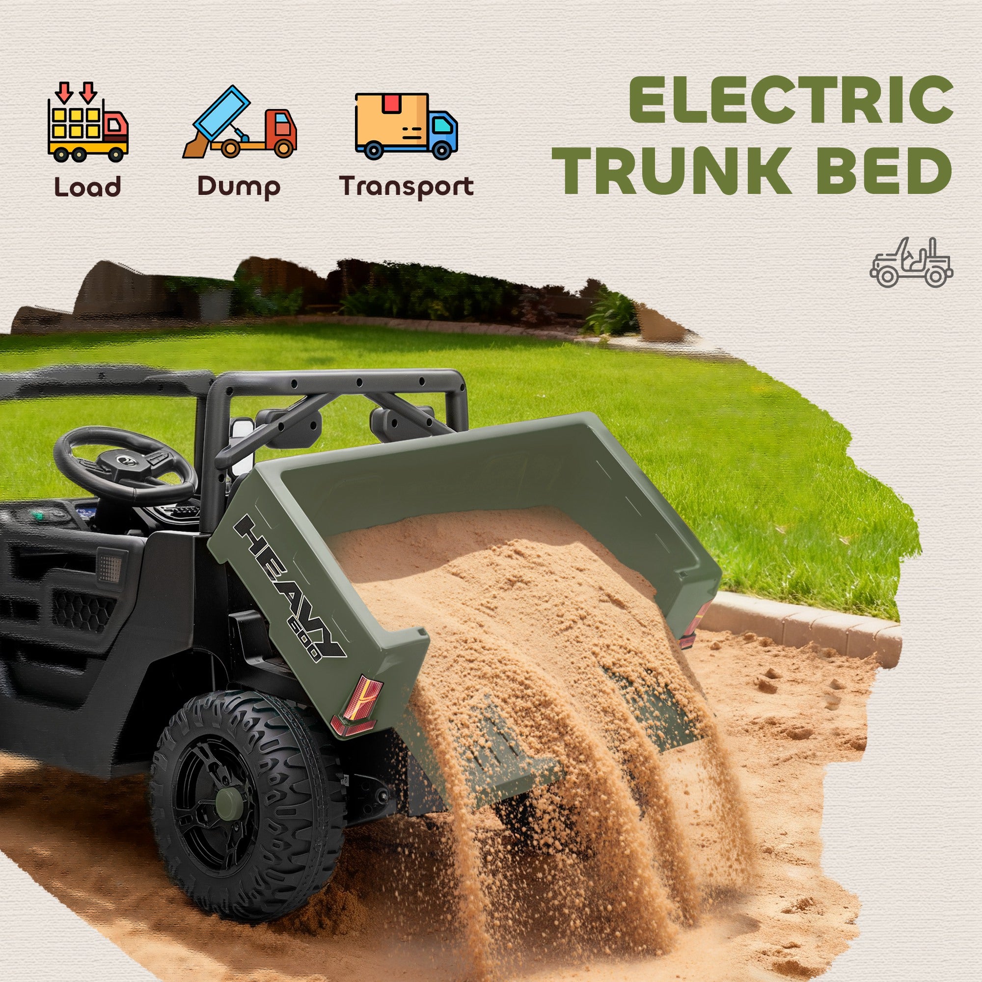 AIYAPLAY Kids Ride on Car, 12V Electric Kids UTV with Electric Dump Bed, 4-Wheel Suspension for 3-8 Years, Green - anydaydirect