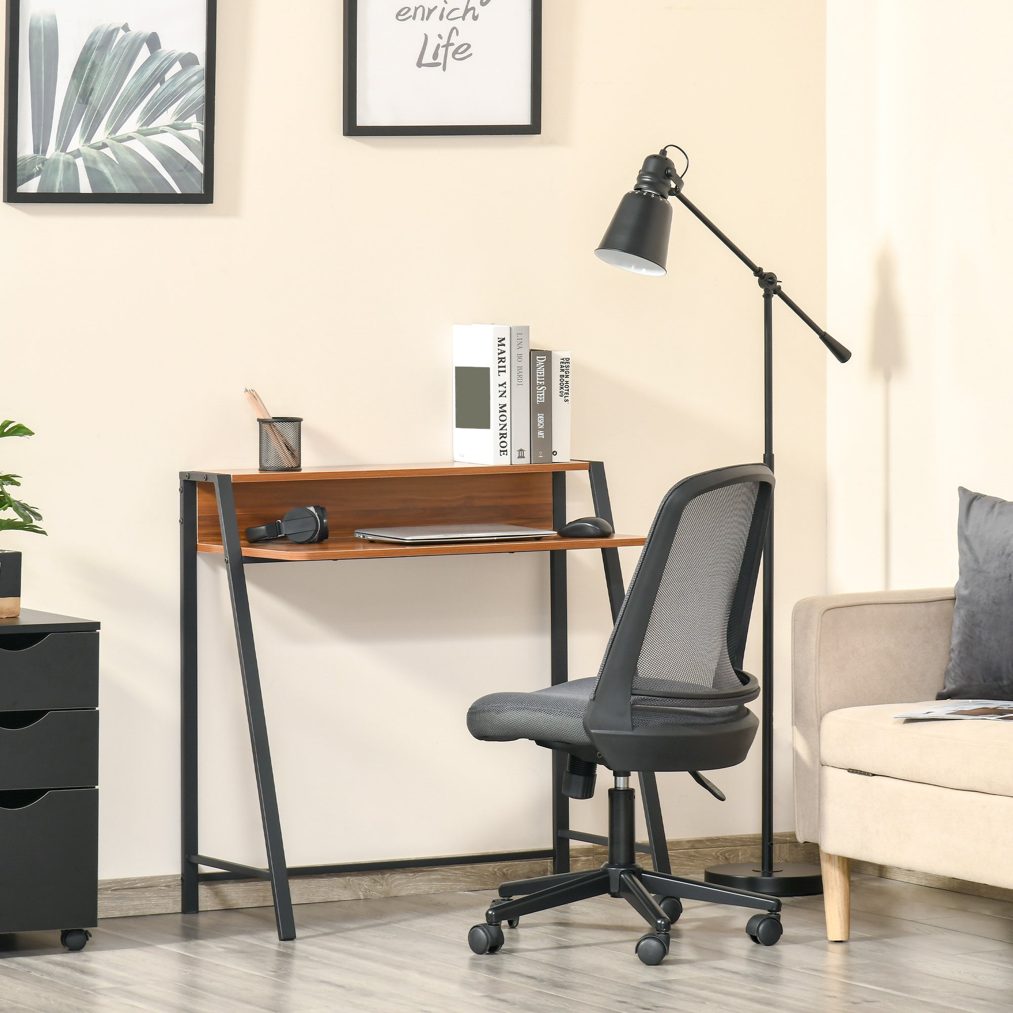 HOMCOM Writing Desk Computer Table Home Office PC Laptop Workstation Storage Shelf 84L x 45W cm Walnut - anydaydirect