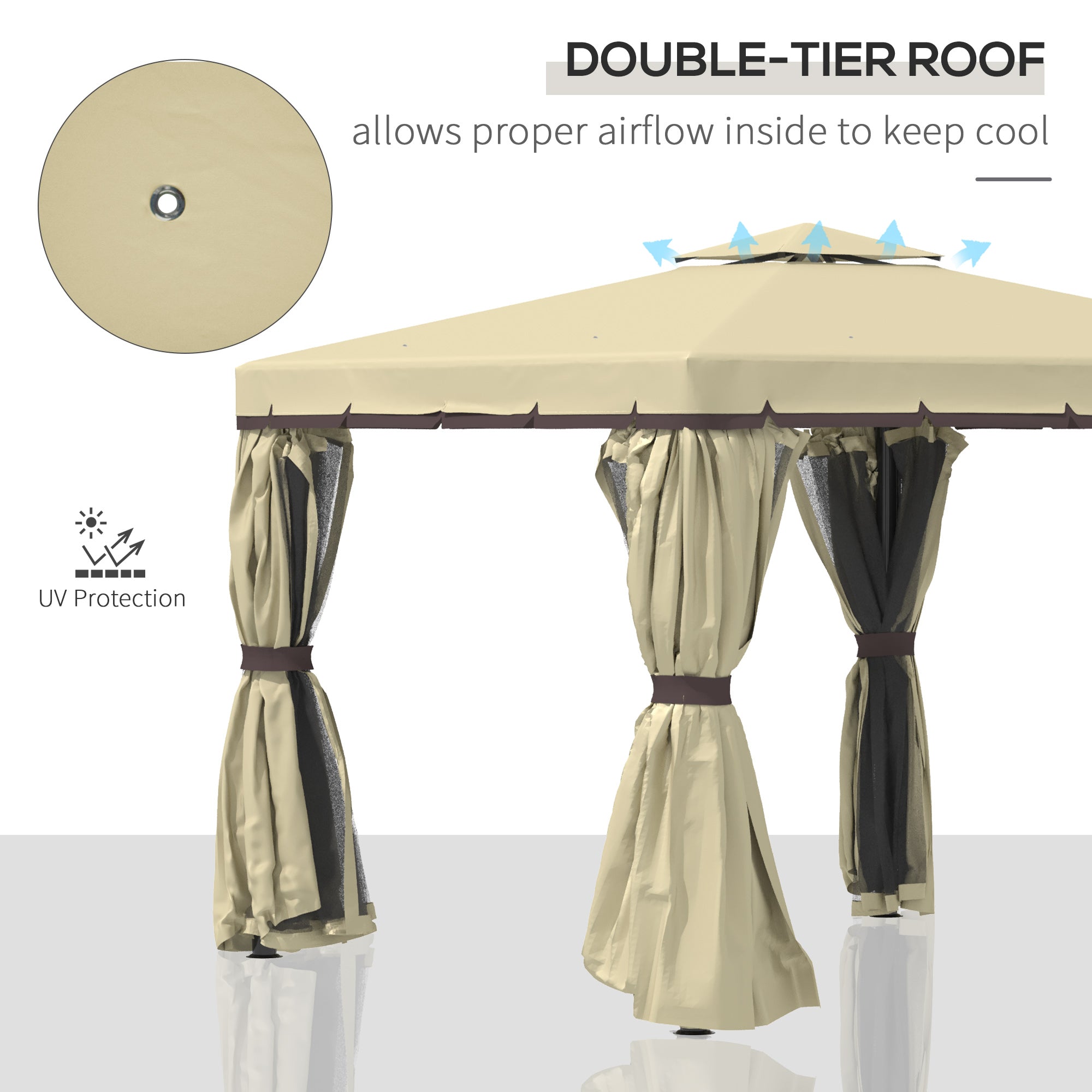 Outsunny 3 x 3(m) Patio Gazebo Canopy Garden Pavilion Tent Shelter with 2 Tier Water Repellent Roof, Mosquito Netting and Curtains, Aluminium Frame, Beige - anydaydirect