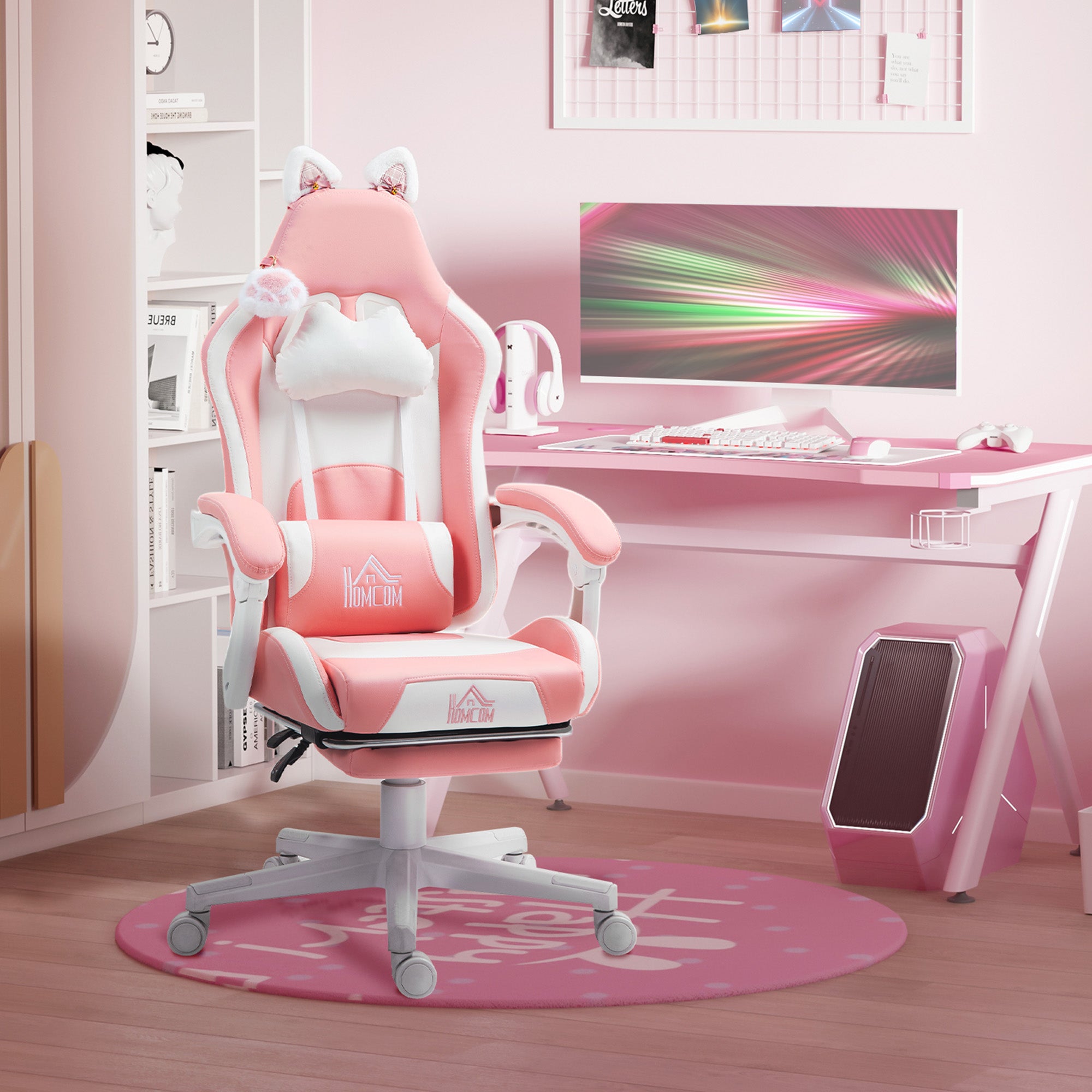HOMCOM Cat Ear and Paw Reclining Office Chair, with Footrest - Pink/White - anydaydirect