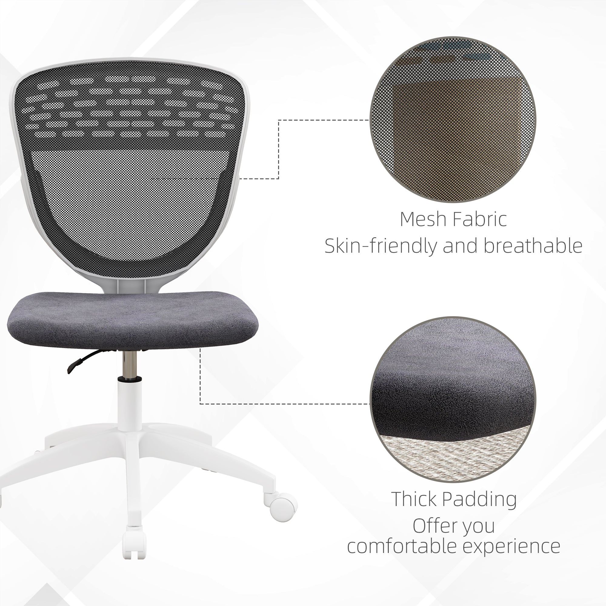 Vinsetto Armless Desk Chair, Mesh Office Chair, Height Adjustable with Swivel Wheels, Grey - anydaydirect