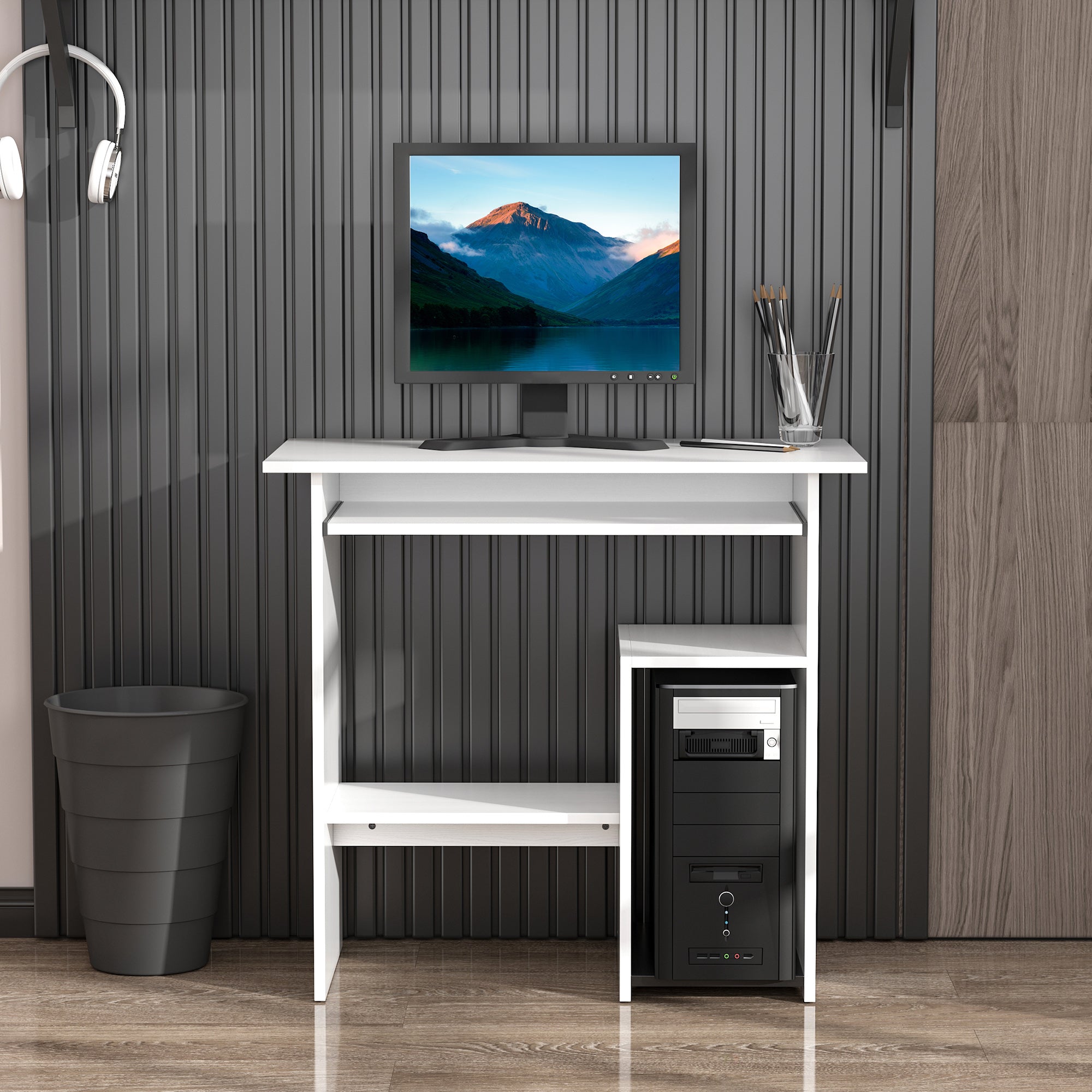 HOMCOM Compact Small Computer Table Wooden Desk Keyboard Tray Storage Shelf Modern Corner Table Home Office White - anydaydirect