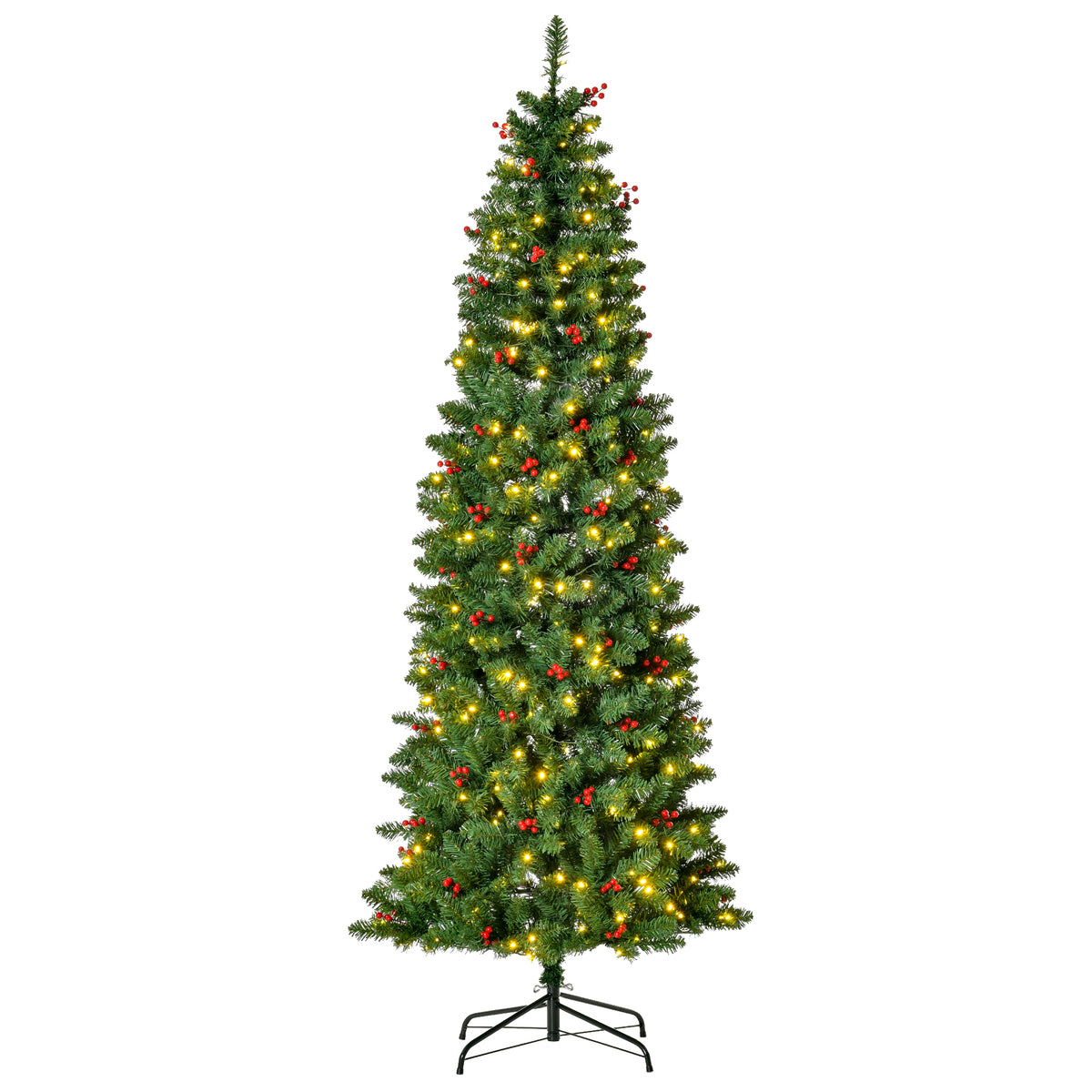 HOMCOM 7FT Prelit Artificial Pencil Christmas Tree with Warm White LED Light, Red Berry, Holiday Home Xmas Decoration, Green - anydaydirect