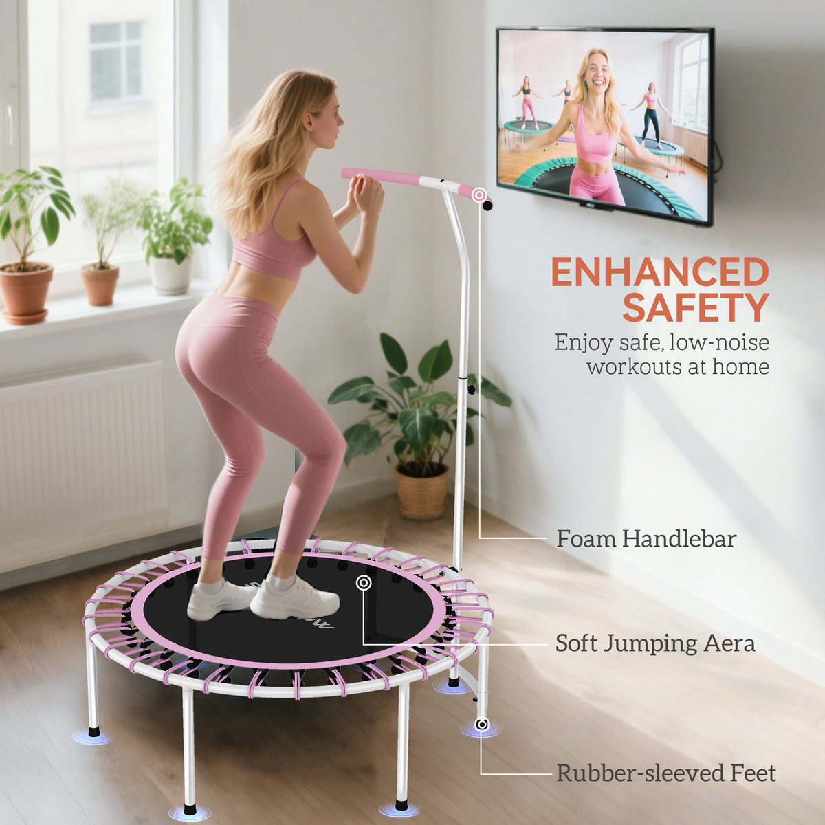 SPORTNOW 40" Fitness Trampoline, Mini Rebounder Trampoline for Adults with 5-Level Adjustable Handle, Indoor Exercise Bungee Rebounder, Max Load 100KG, Purple - anydaydirect
