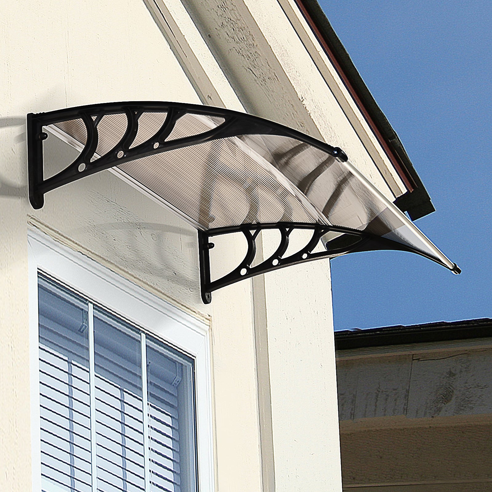 Outsunny Curved Window Door Canopy Aluminium Rigid Plastic Polycarbonate Fixed Outdoor Awning Modern Design UV Water Rain Resist 120 x 75cm Brown - anydaydirect