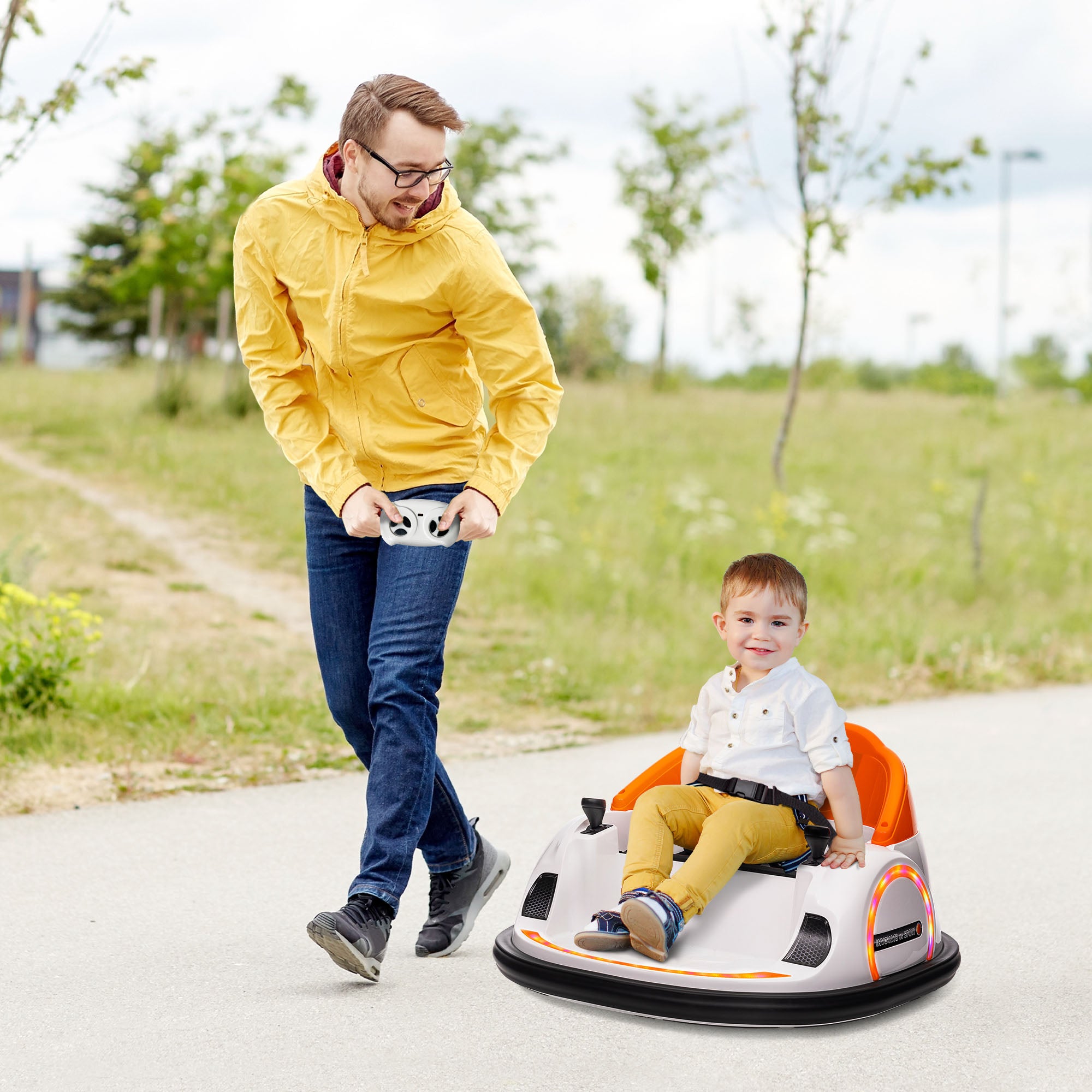 AIYAPLAY 360° Rotation Kids Bumper Car, 12V Waltzer Car with Remote Control, Dual Joysticks, Music Lights - Orange - anydaydirect