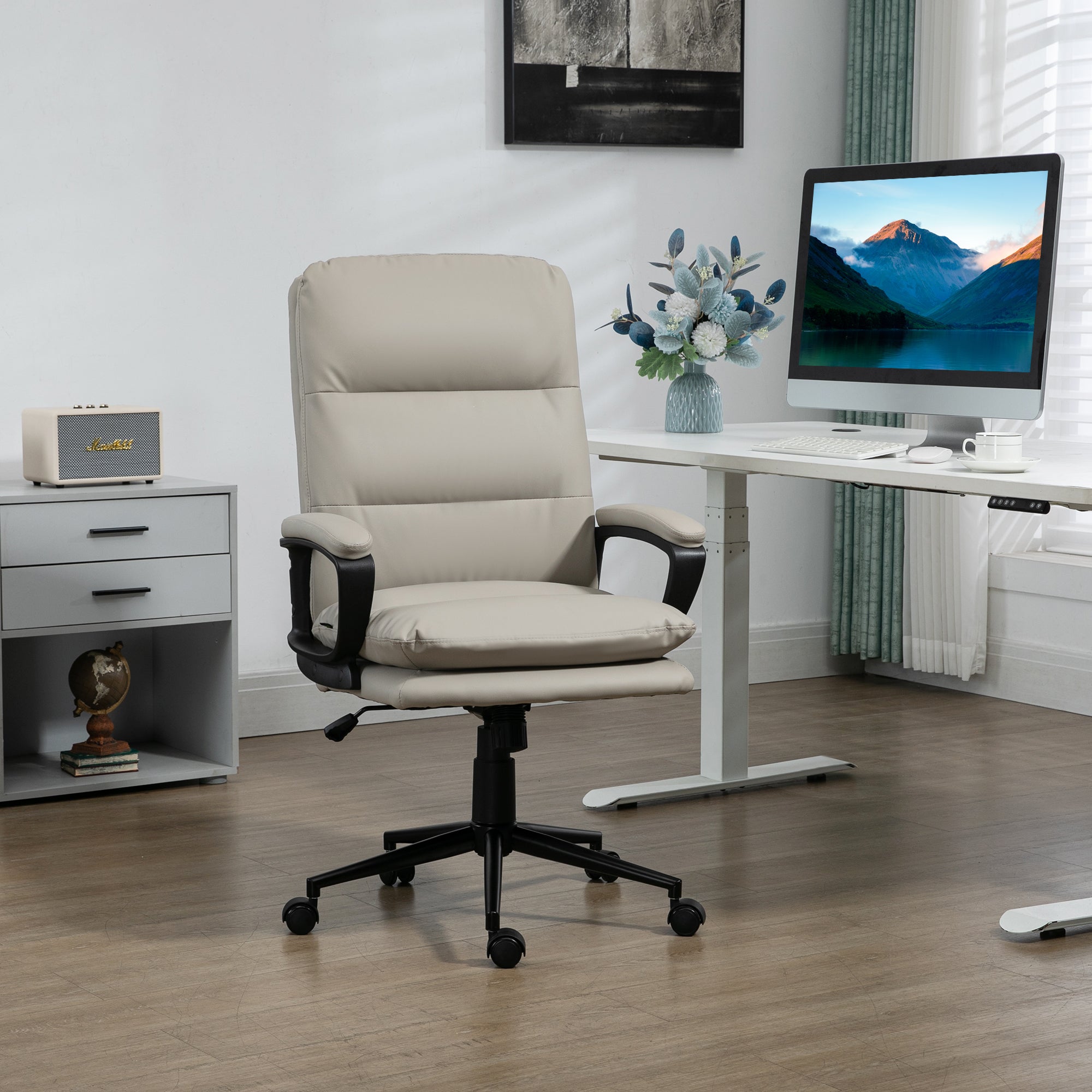 Vinsetto Office Chair, PU Leather Computer Desk Chair Office Chair with Adjustable Height and Swivel Rolling Wheels for Work Study, Light Grey - anydaydirect
