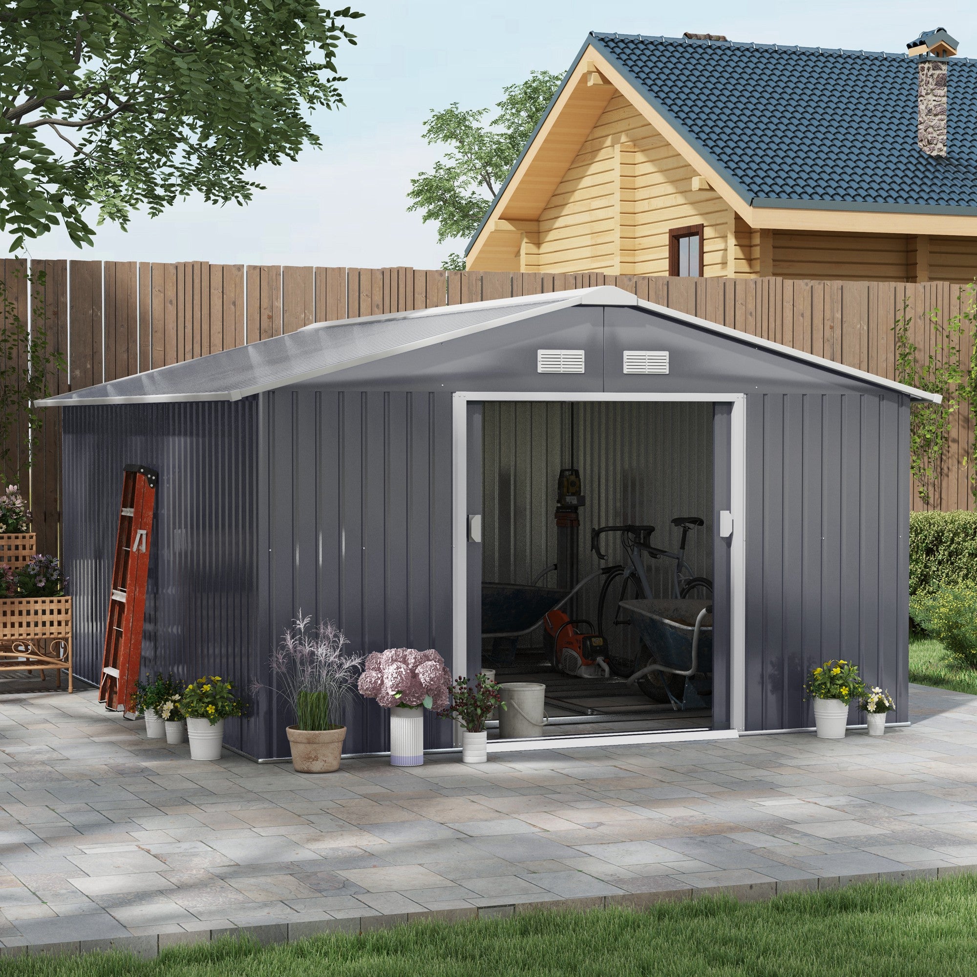 Outsunny 13 x 11ft Foundation Ventilation Steel Outdoor Garden Shed Grey - anydaydirect