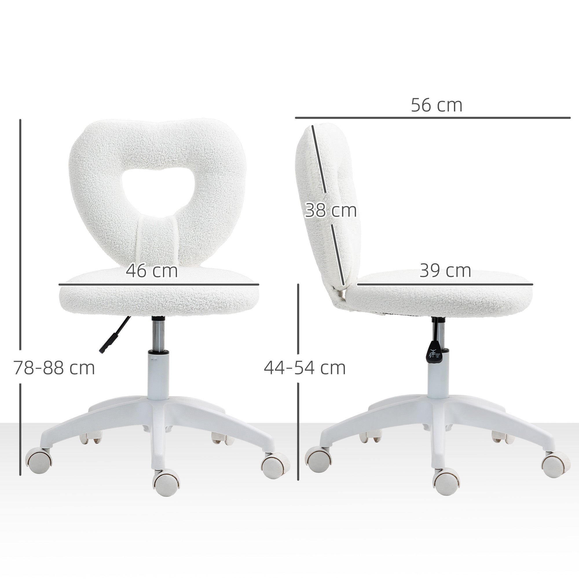 HOMCOM Armless Heart Computer Desk Chair, Teddy Fleece Swivel Office Chair, Makeup Vanity Chair with Height Adjustable, Wheels, for Home Study Bedroom, White - anydaydirect