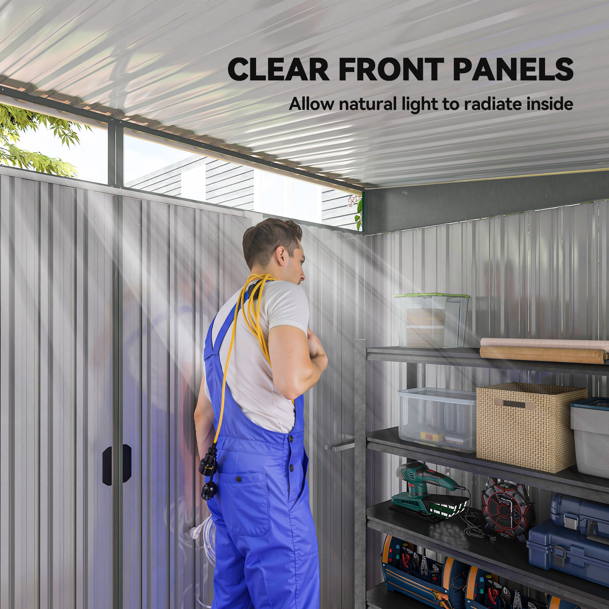 Outsunny 9ft x 6.5ft Garden Storage Shed with Top Window, Metal Outdoor Shed Tool House with Double Doors, Light Grey - anydaydirect