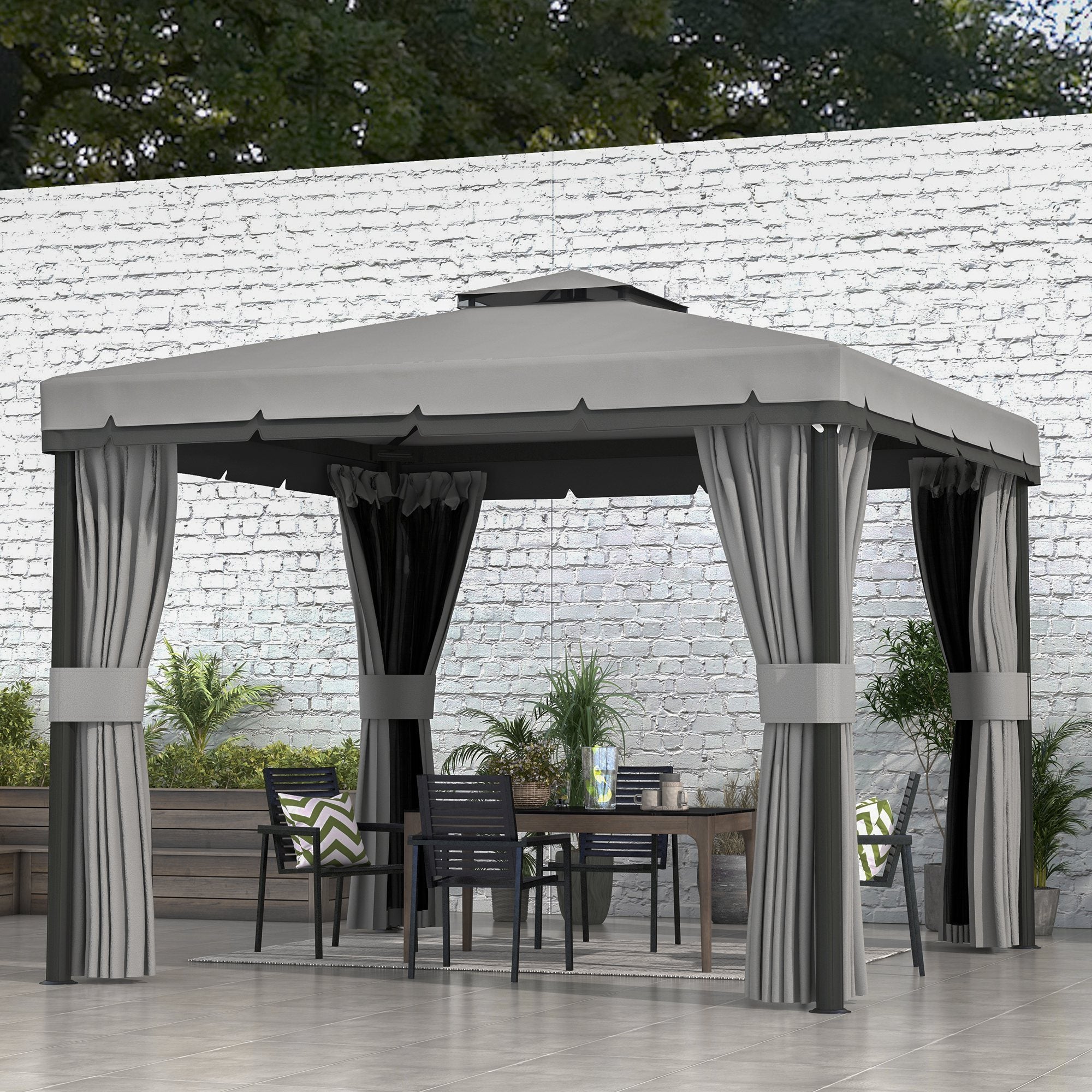 Outsunny 3 x 3(m) Patio Gazebo Canopy Garden Pavilion Tent Shelter Marquee with 2 Tier Roof, Netting and Curtains, Light Grey - anydaydirect