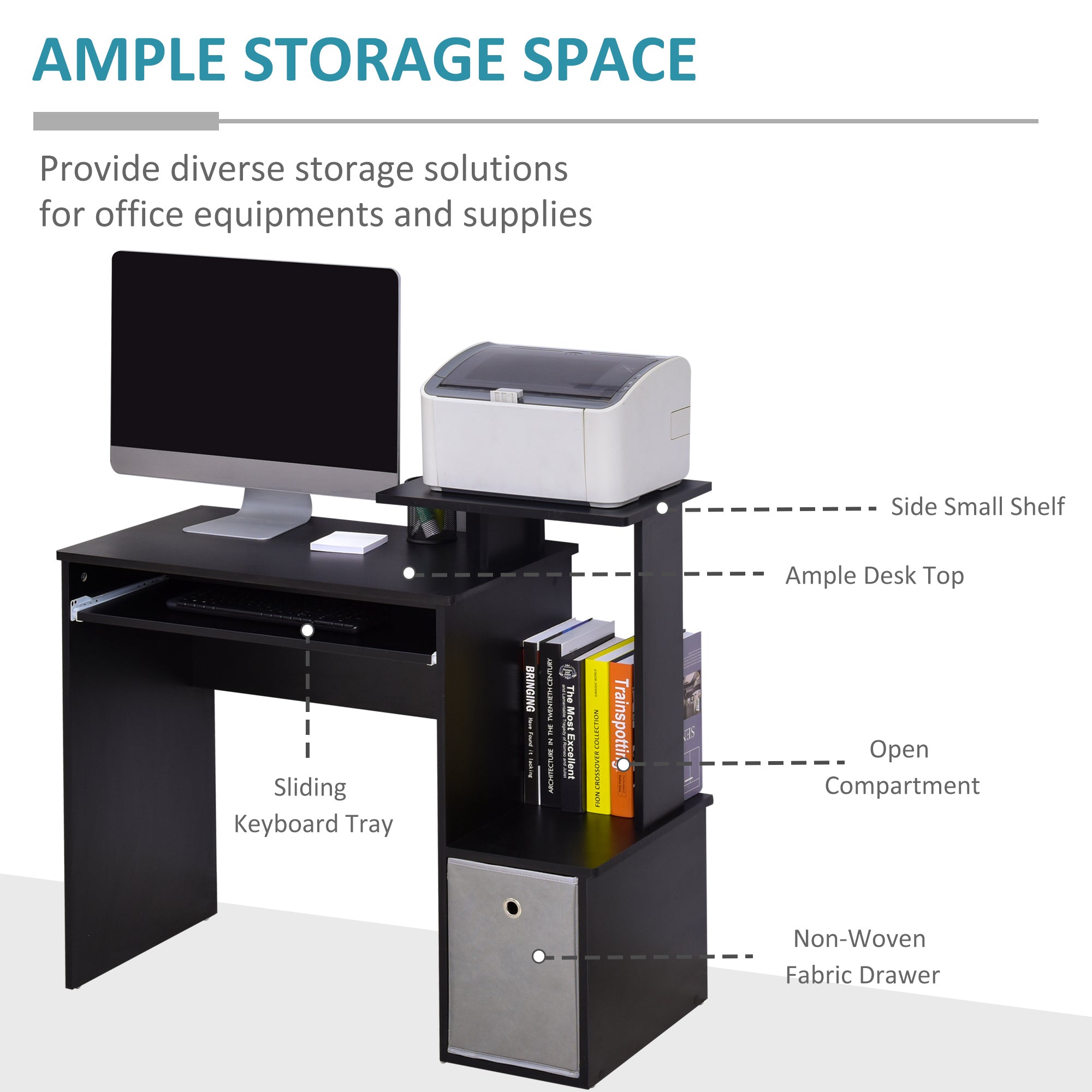 HOMCOM Computer Desk with Sliding Keyboard Tray Storage Drawer Shelf Home Office Workstation Black - anydaydirect