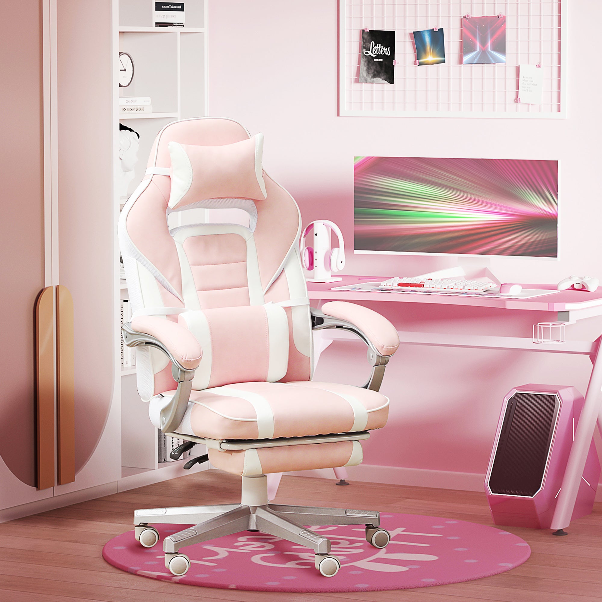 HOMCOM Faux Leather Reclining Gaming Chair, with Footrest - Pink/White - anydaydirect