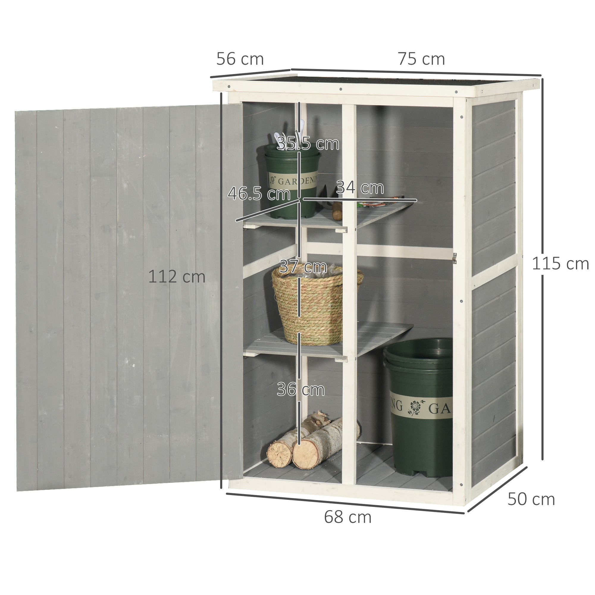 Outsunny Wooden Garden Storage Shed Fir Wood Tool Cabinet Organiser with Shelves 75L x 56W x115Hcm Grey - anydaydirect