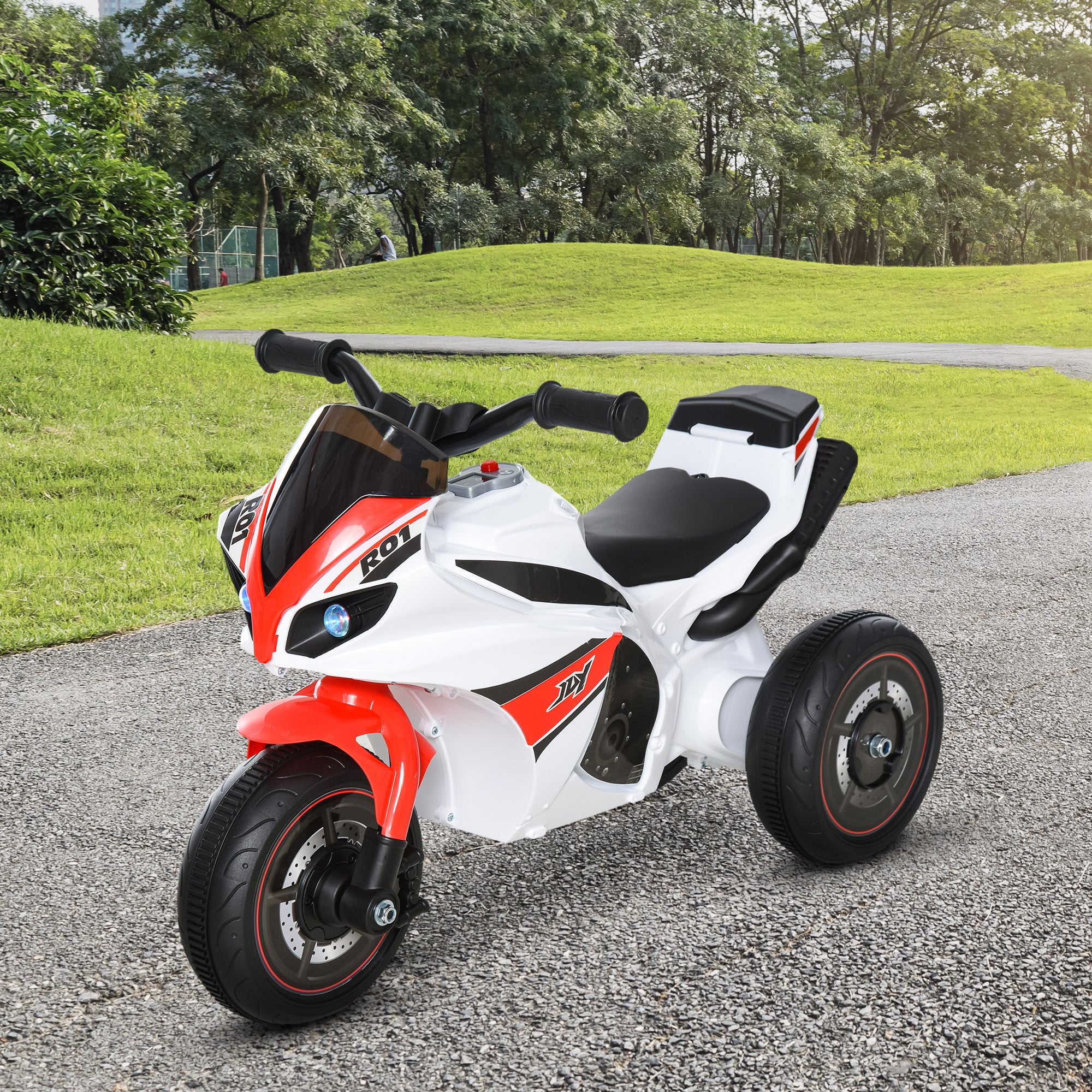 HOMCOM Toddlers 3-Wheel Plastic Motorcycle Push Walker with Music, Front Light for Kids Aged 18-36 Months ,Red/White - anydaydirect