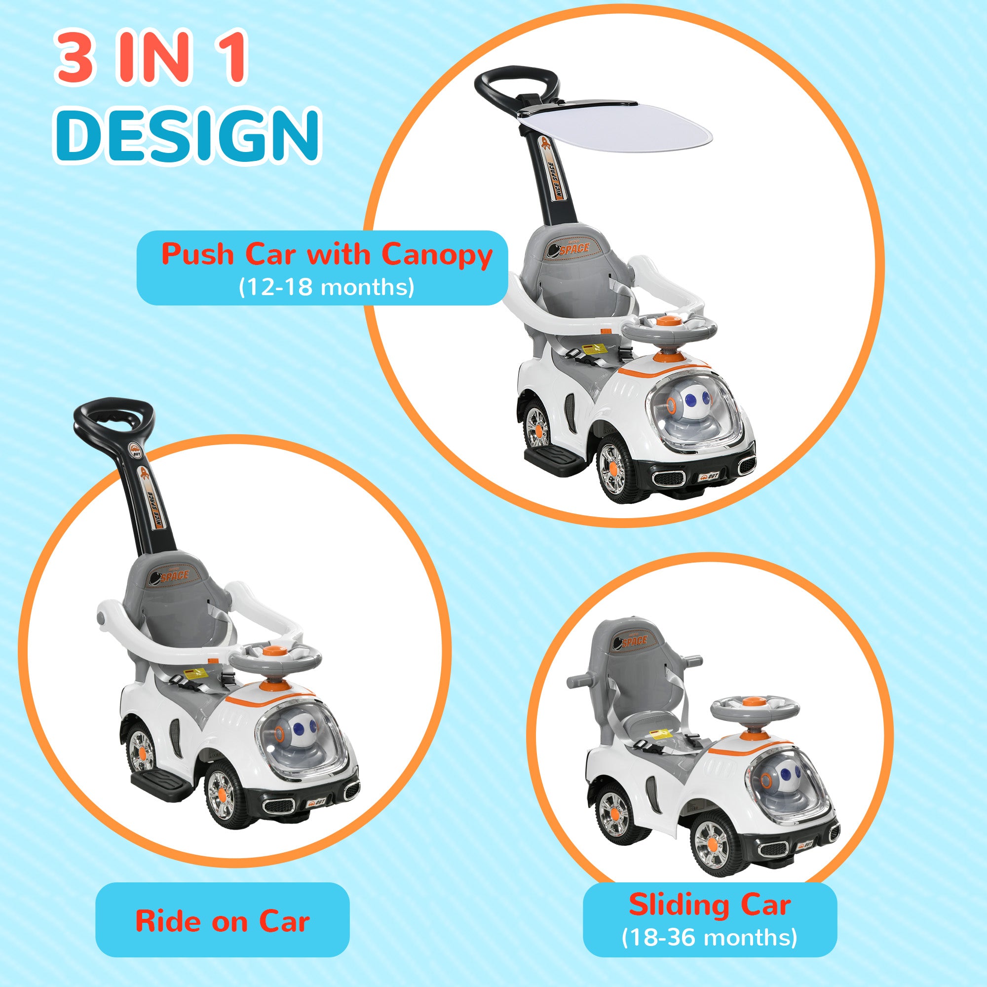 AIYAPLAY 3 in 1 Ride on Push Car, Cartoon Robot Theme Foot to Floor Slider w/ Handle Light Music Horn, Storage - White - anydaydirect