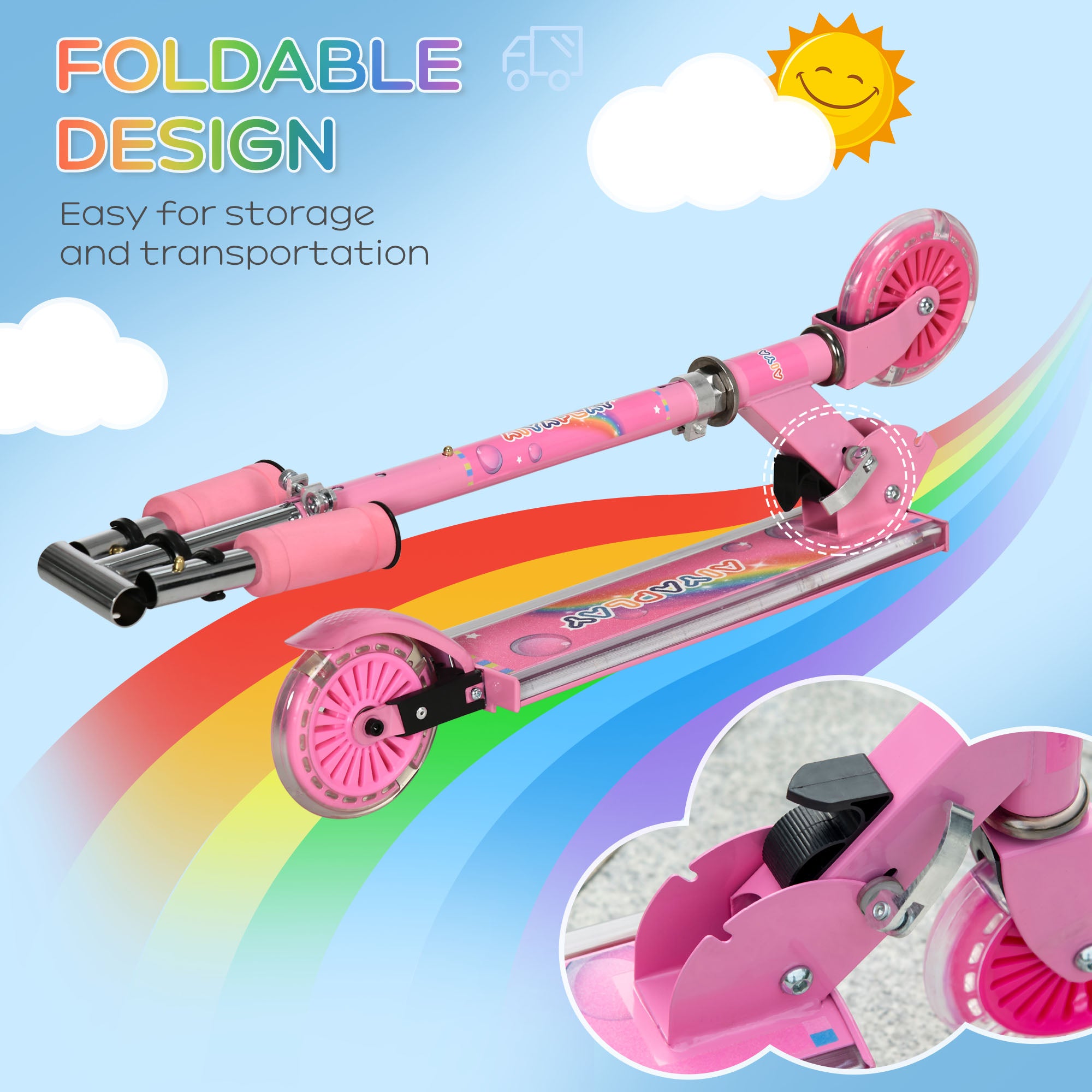 HOMCOM Kids Scooter with LED Wheels, Adjustable Height, Folding Design, Lights & Music, for Ages 3-7, Pink - anydaydirect