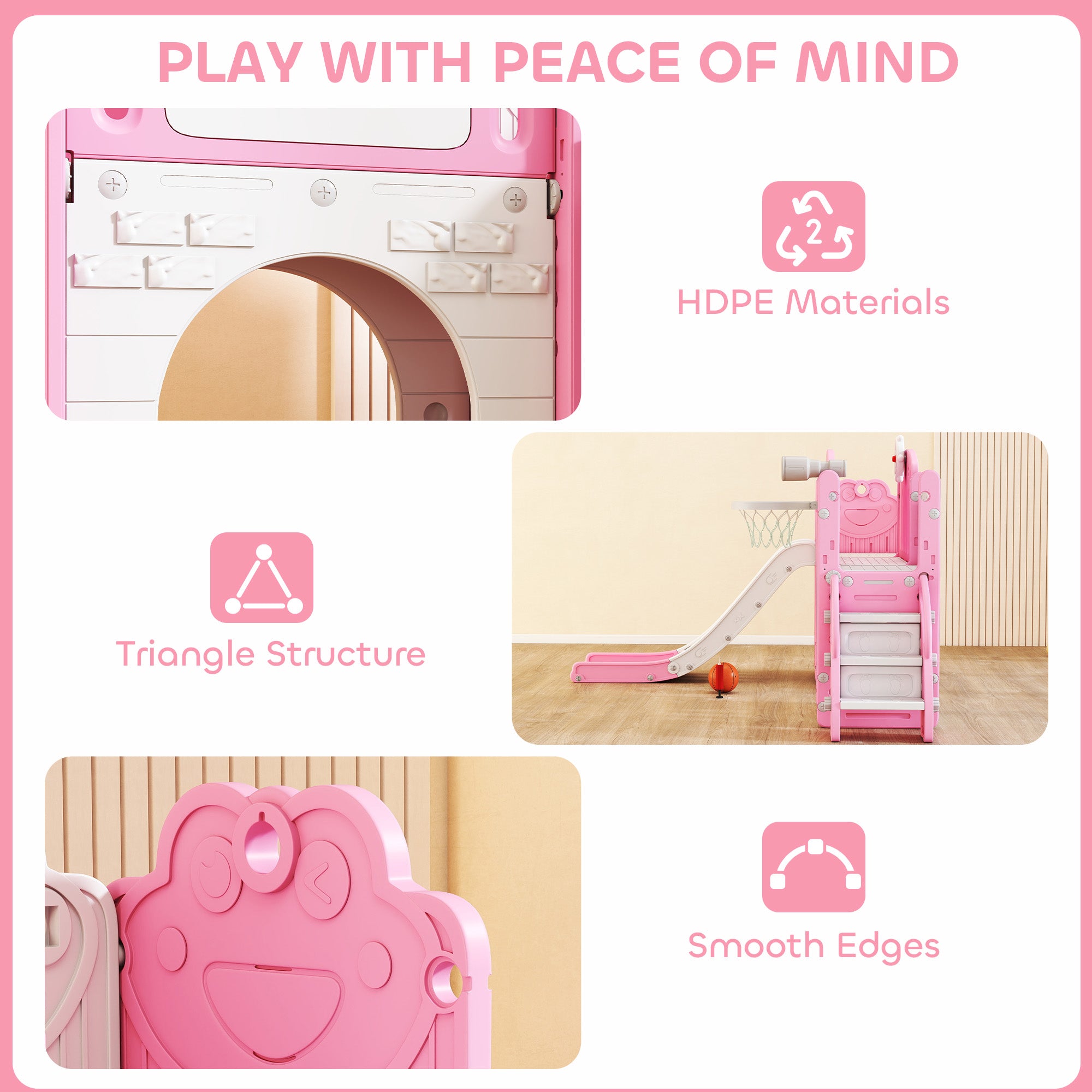 AIYAPLAY 7 in 1 Toddler Slide Set with Basketball Hoop, Climbing Frame, Telescope, Drawing Board, Storage Box, Pink - anydaydirect