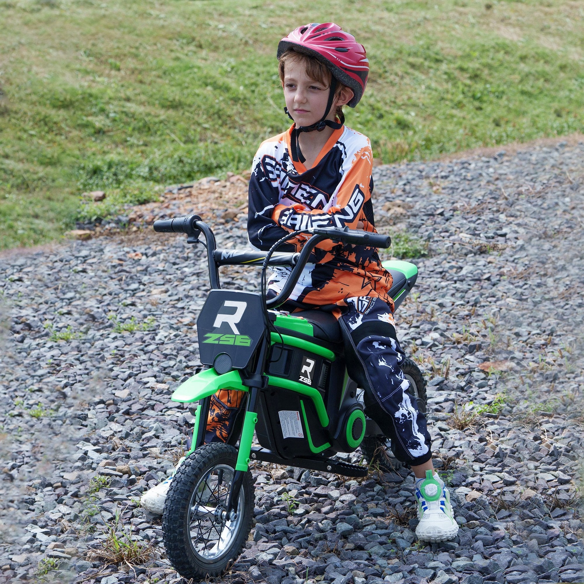 HOMCOM 24V Electric Motorbike, Dirt Bike with Twist Grip Throttle, Music Horn, 12" Pneumatic Tyres, 16 Km/h Max. Speed, Green - anydaydirect
