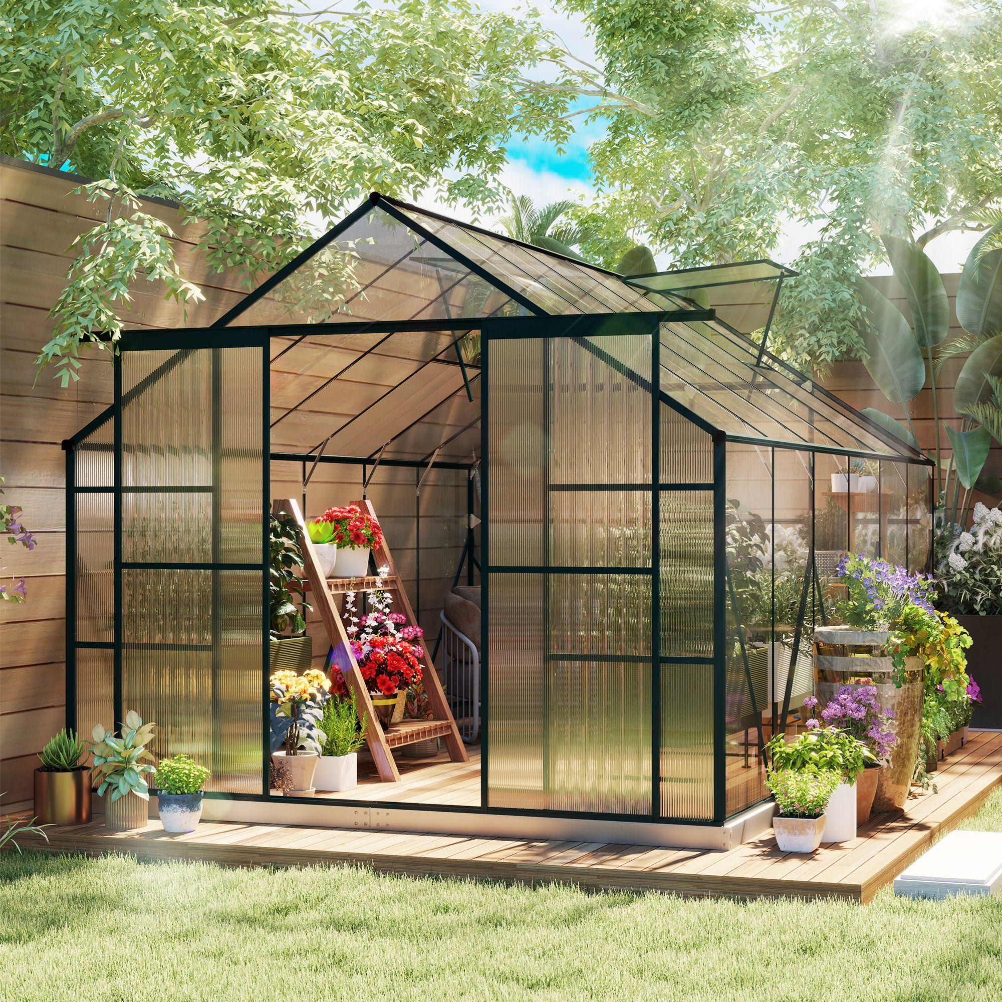 Outsunny 8 x 12ft Aluminium Greenhouse Polycarbonate Walk-in Garden Greenhouse Kit with Adjustable Roof Vent, Double Sliding Door, Rain Gutter and Foundation, Clear - anydaydirect