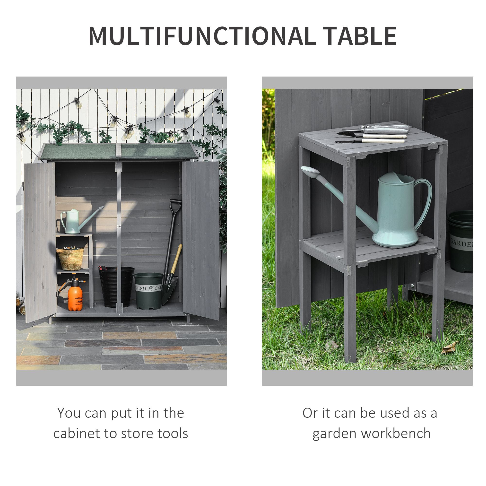 Outsunny Wooden Garden Storage Shed Lockable Tool Cabinet Organizer w/ Storage Table, Double Door, 139 x 75 x 160 cm, Grey - anydaydirect