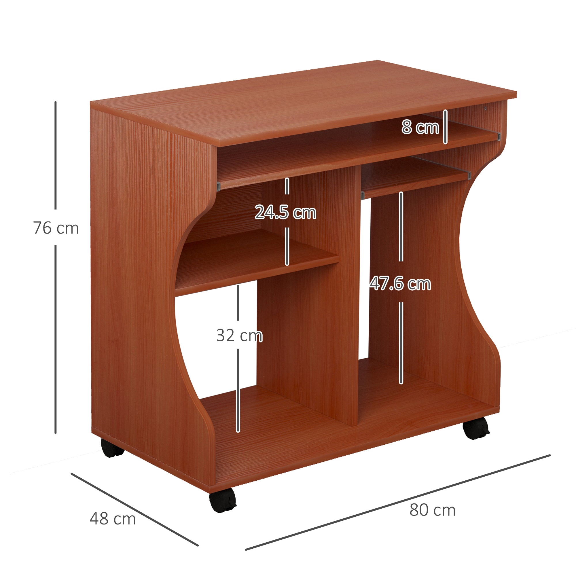 HOMCOM Multi-Storage Compact Work Desk, with Wheels - Cherry Wood Colour - anydaydirect