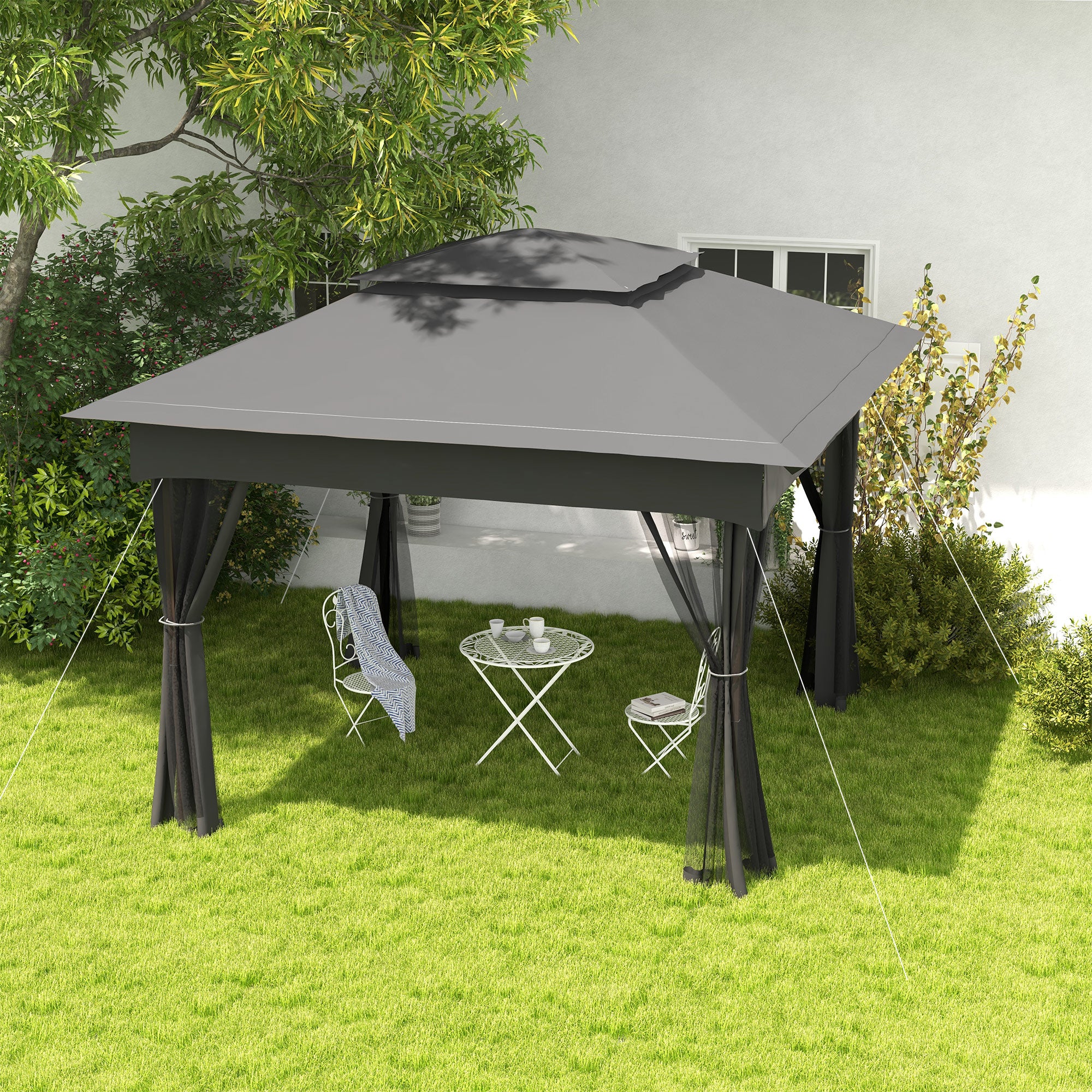 Outsunny 3 x 3(m) Pop Up Gazebo, Double-roof Garden Tent with Netting and Carry Bag, Party Event Shelter for Outdoor Patio, Dark Grey - anydaydirect