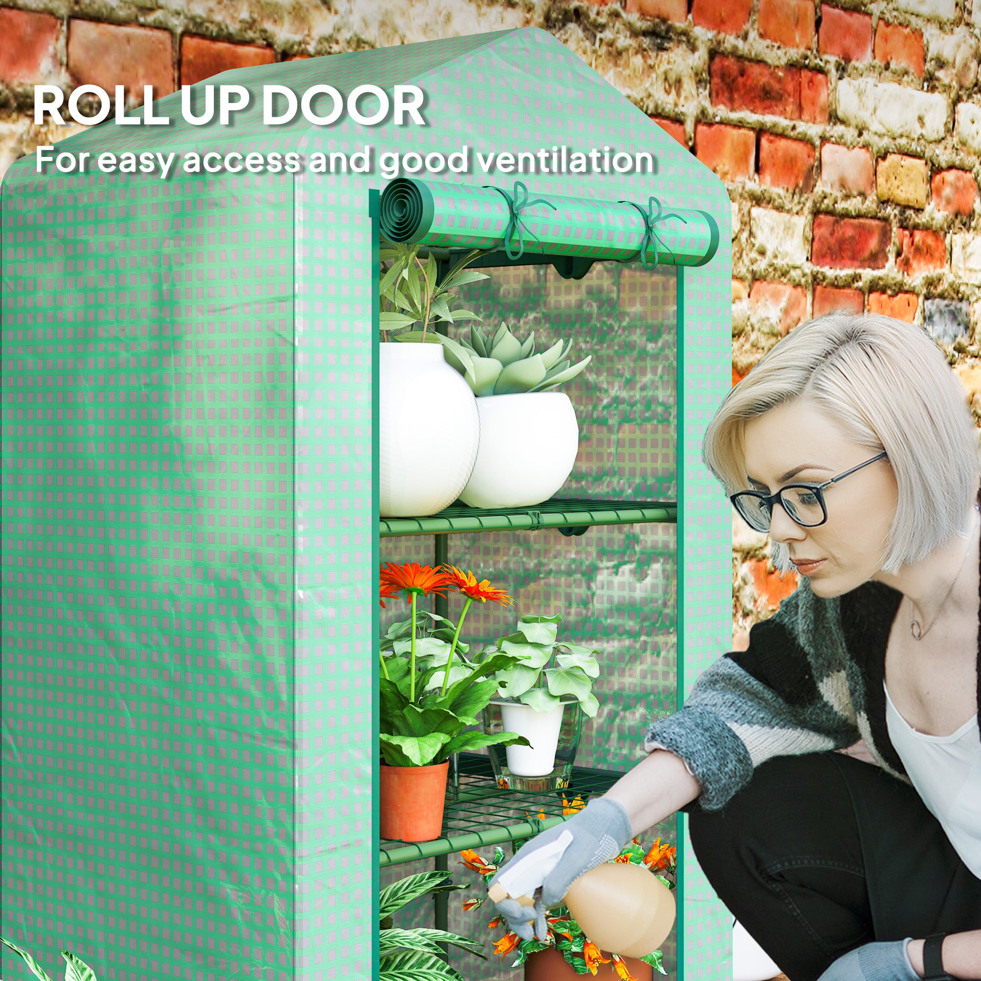 Outsunny 3 Tier Mini Greenhouse Portable Garden Grow House with Roll Up Door and Wire Shelves, 69 x 49 x 125 cm, Green - anydaydirect
