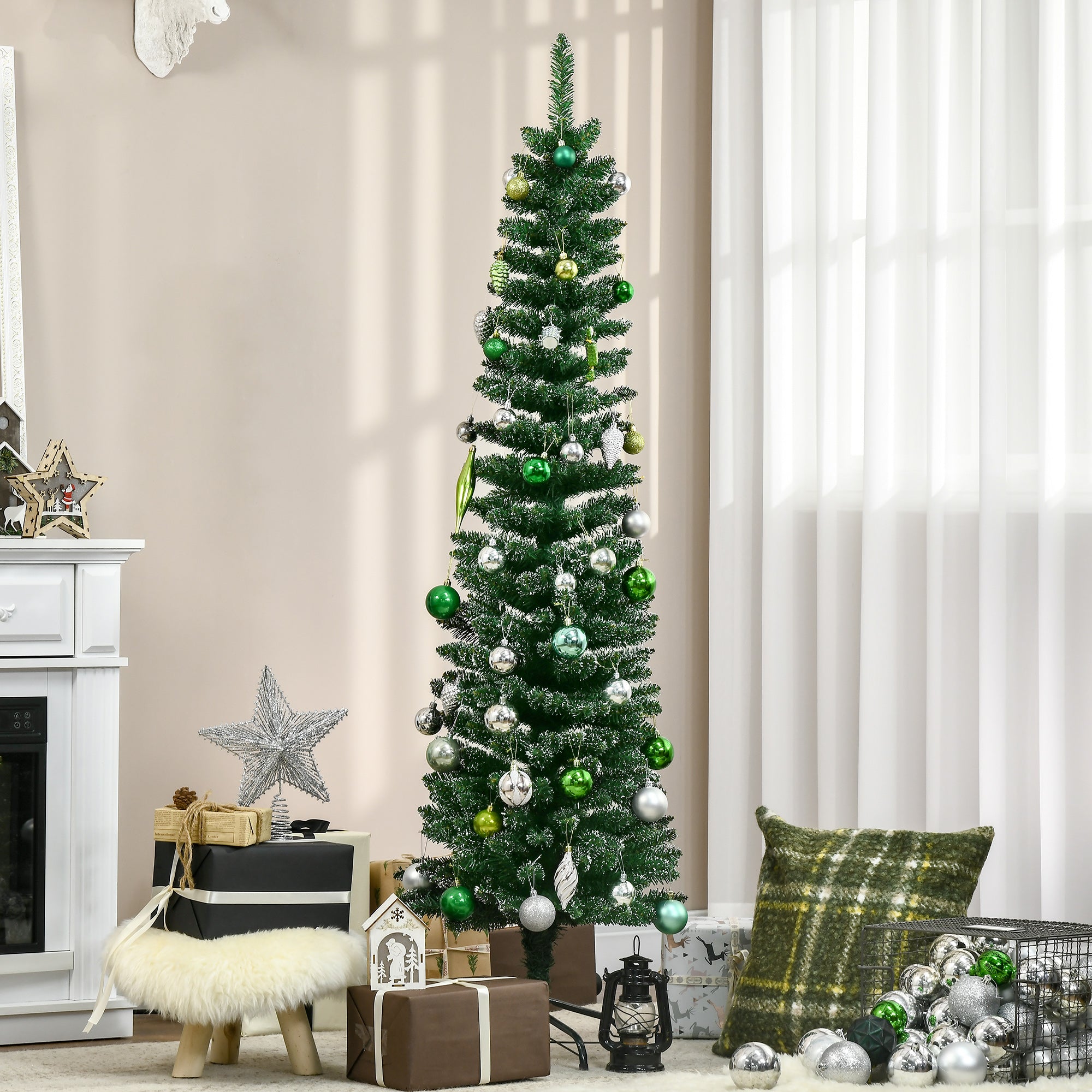 HOMCOM 5.5FT Artificial Snow Dipped Christmas Tree Xmas Pencil Tree Holiday Home Indoor Decoration with Foldable Black Stand, Green - anydaydirect