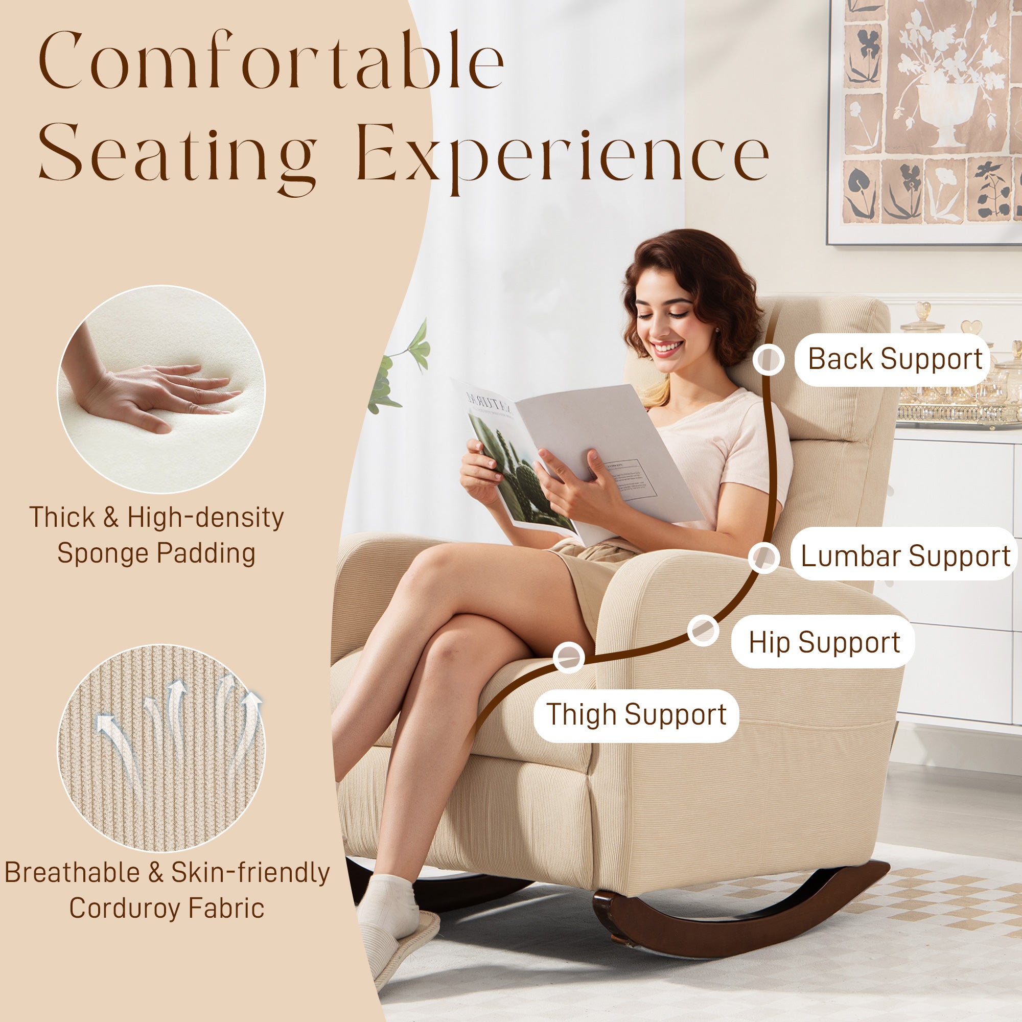 HOMCOM Corduroy Rocking Armchair - Beige - anydaydirect