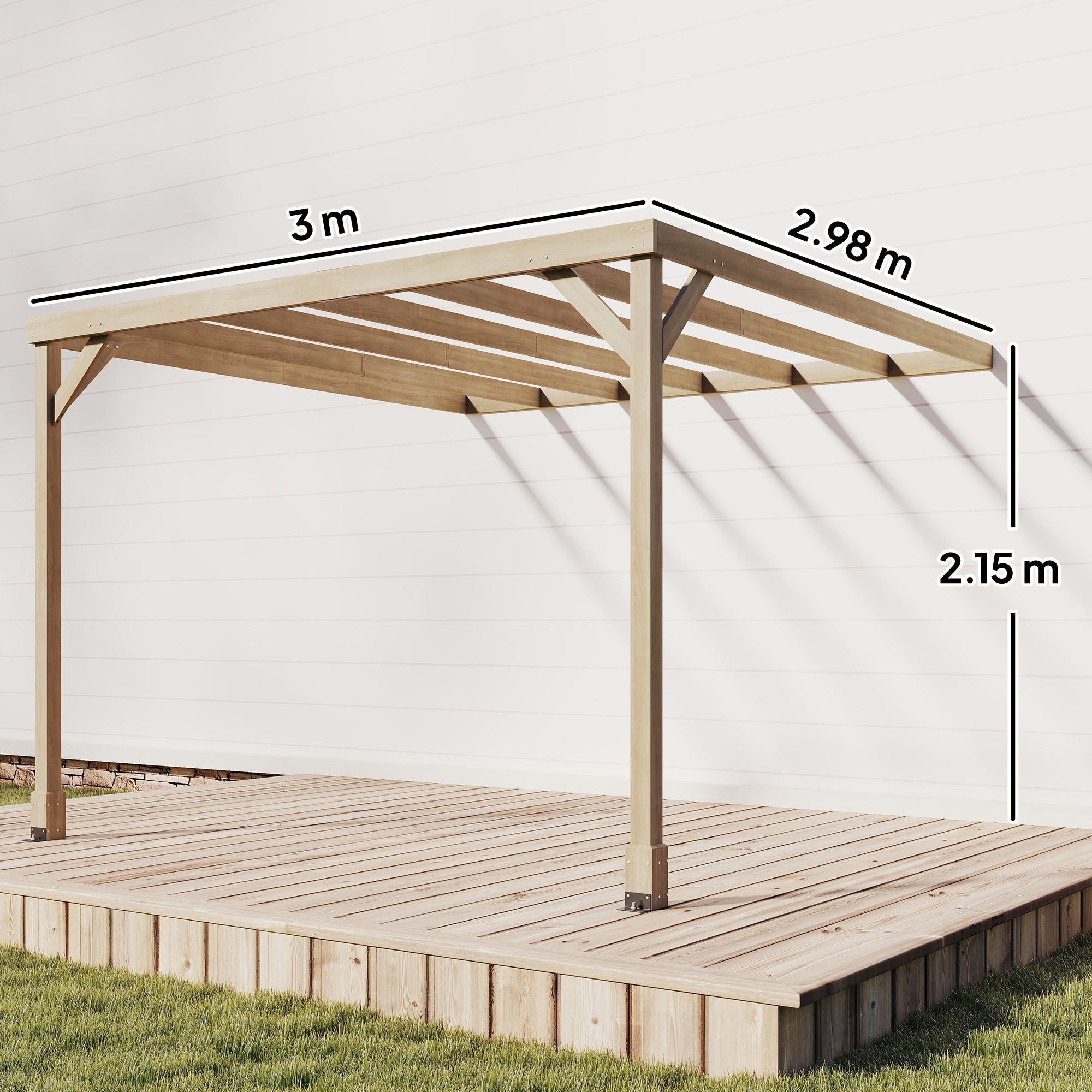 Outsunny Lean-To Wooden Pergola Kit, Decorative Garden Gazebo with Stable Structure and Concrete Anchors, 3 x 3 m, Light Brown - anydaydirect